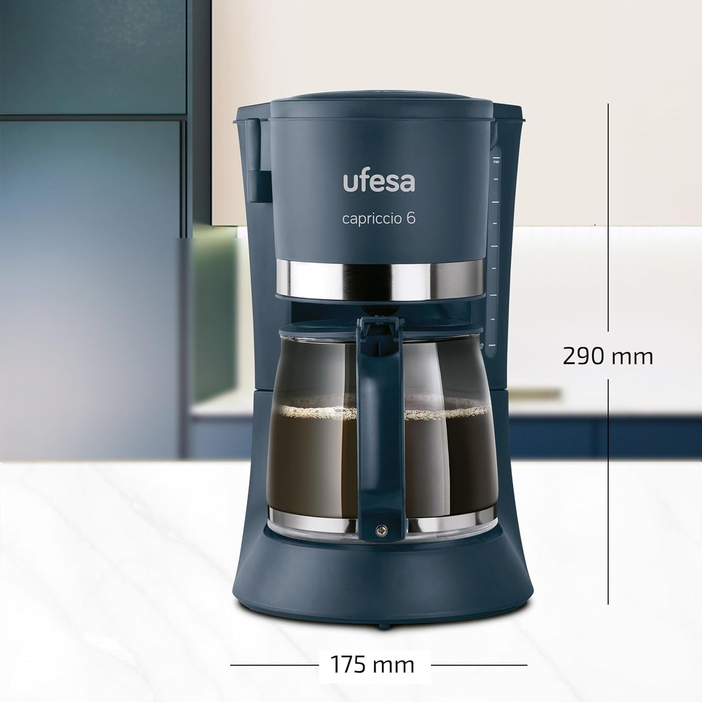 Ufesa CG7114 Capriccio ekspres do kawy przelewowy, 6 filiżanek, 600W, karafka 0,6L, system zapobiegający kapaniu, automatyczne wyłączanie, niebieski