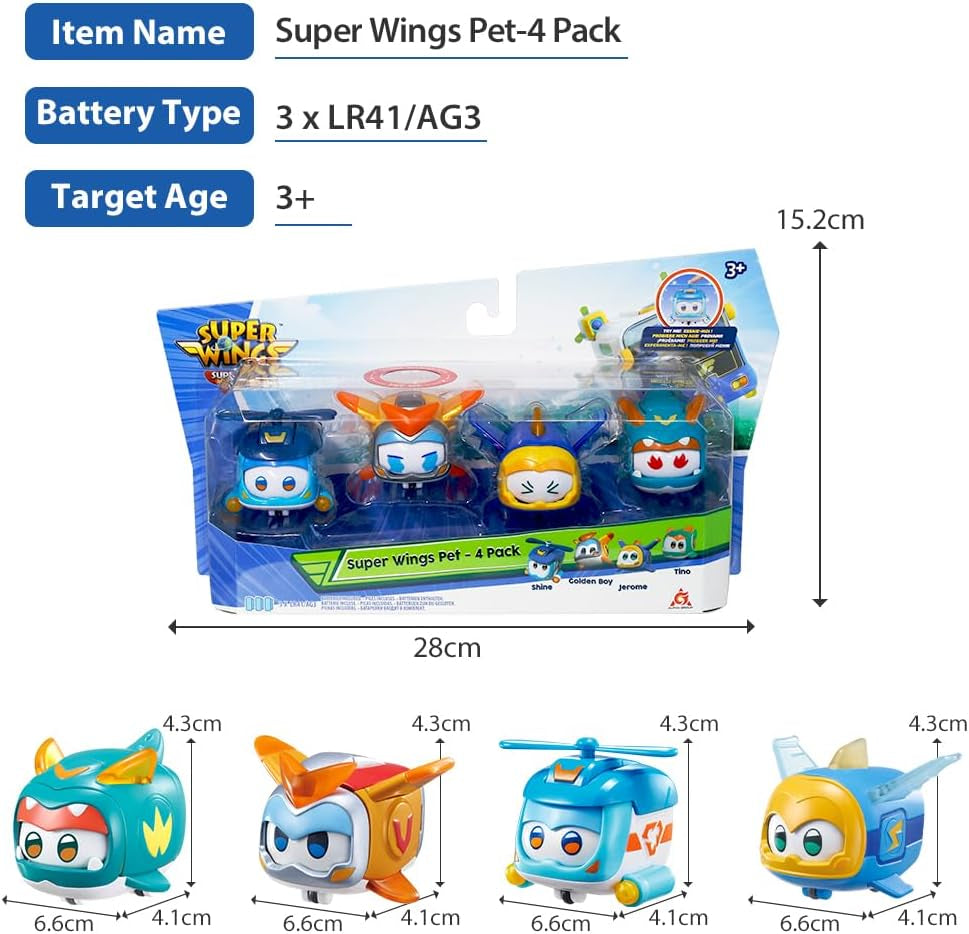 Super Wings Super Zwierzęta 4 szt. Shine, Golden Boy, Jerome, Ellie Przełączany wyraz twarzy Efekt błyskawicy Przenośna zabawka dla 3 4 5 6 7 8 lat Chłopiec Dziewczyna 2 cale Figurki Naty Shop