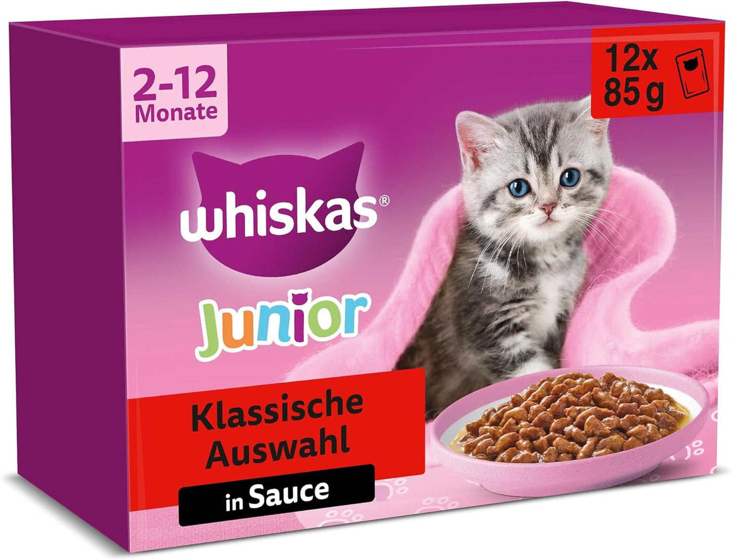 Whiskas Junior Classic Selection Mokra karma dla kotów w sosie, 48 saszetek, 12 x 85 g (4 sztuki w opakowaniu) - Wysokiej jakości mokra karma dla rosnących kotów, od 2 do 12 miesięcy