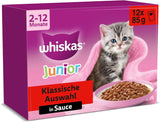 Whiskas Junior Classic Selection Mokra karma dla kotów w sosie, 48 saszetek, 12 x 85 g (4 sztuki w opakowaniu) - Wysokiej jakości mokra karma dla rosnących kotów, od 2 do 12 miesięcy
