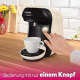 Bosch Tassimo Happy Friendly TAS107E Ekspres na kapsułki do espresso, ponad 70 napojów, odpowiedni do wszystkich filiżanek, Auto-Stop, zrównoważony rozwój, idealne dozowanie, oszczędność miejsca, 1400 W, kremowy/czarny
