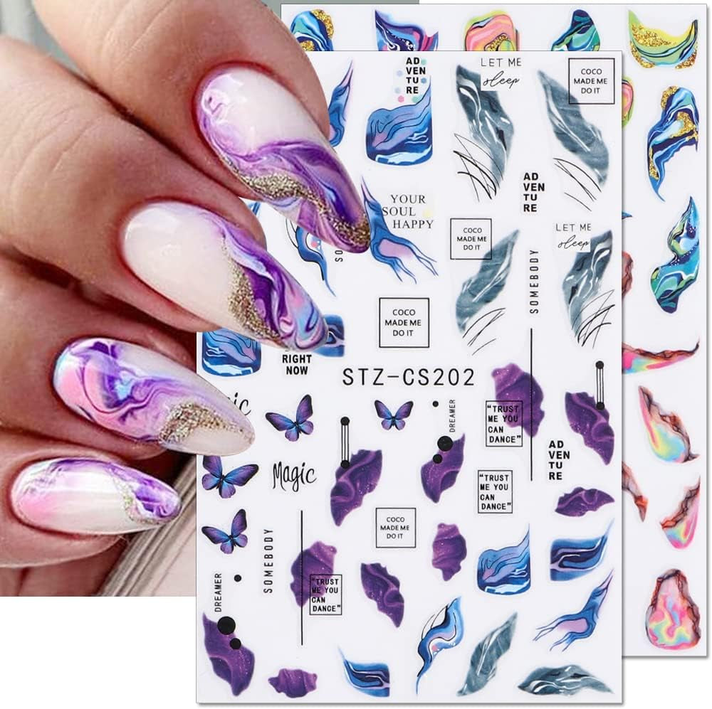 6 Blatt 3D Lila Schmetterling Nagelstickers Selbstklebend Nagelaufkleber Schmetterlinge Naklejka na paznokcie Bunte Blühen Marmor Nagel Naklejki Regenbogen Welle Linien Nail Art Aufkleber Nageldesign Zubehör