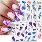 6 Blatt 3D Lila Schmetterling Nagelstickers Selbstklebend Nagelaufkleber Schmetterlinge Naklejka na paznokcie Bunte Blühen Marmor Nagel Naklejki Regenbogen Welle Linien Nail Art Aufkleber Nageldesign Zubehör