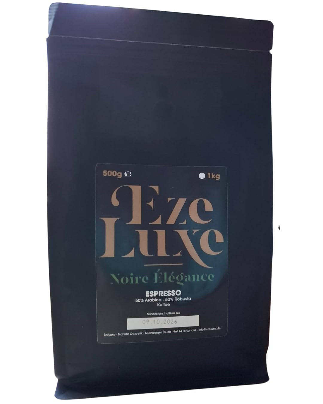 Kawa Espresso Noire Elegance 500g – 50% Arabica i 50% Robusta z Brazylii i Indii – średnio palona, ​​mocna i kremowa z ciemną czekoladą – intensywność 8 – w zestawie. gratis ekspres do kawy