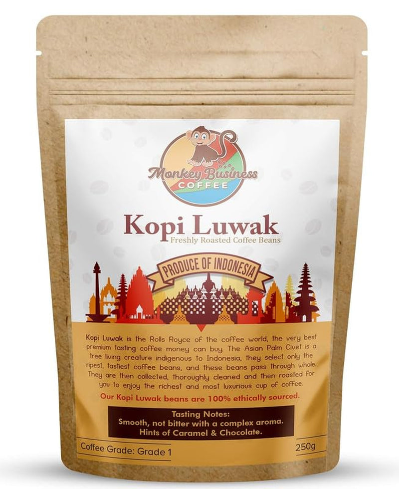 - Ziarna kawy mielonej Wild Kopi Luwak - 250 gramów (dostępne inne rodzaje ziaren i gramatury) - Pozyskiwane etycznie od zwierząt z wolnego wybiegu (Indonezja)