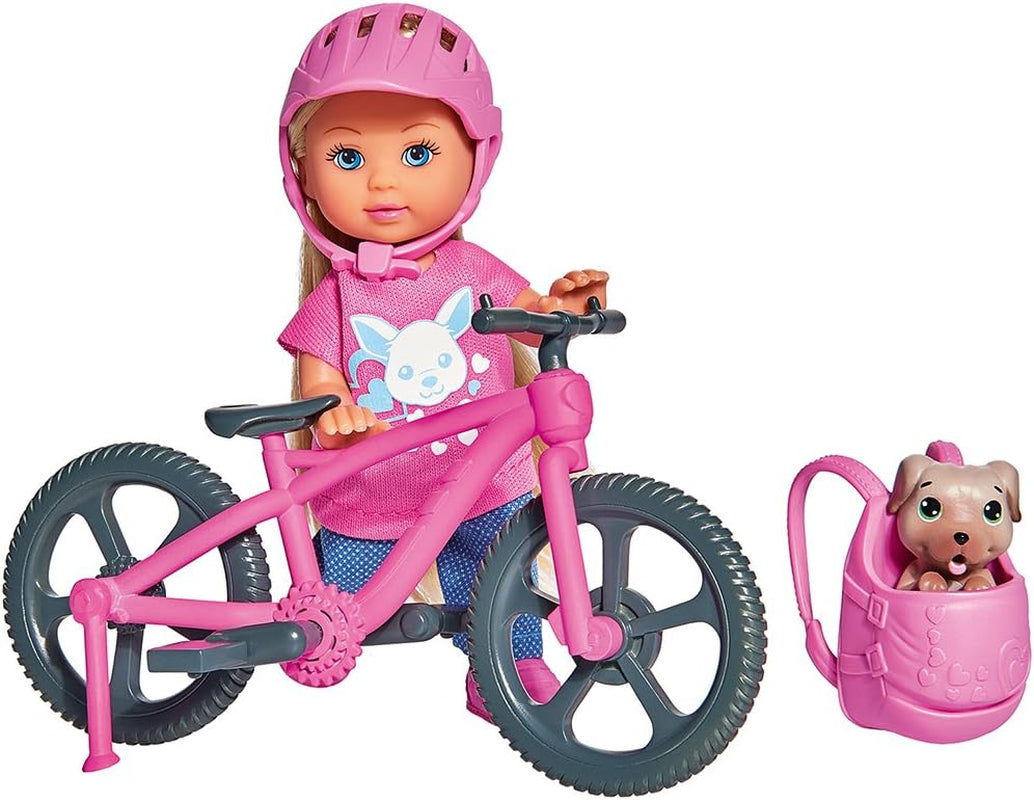 Simba 105733273 - Evi Love Fun Holiday Lalka rowerowa z rowerem, psem i plecakiem, lalka modowa, 12 cm, dla dzieci w wieku 3 lat i starszych
