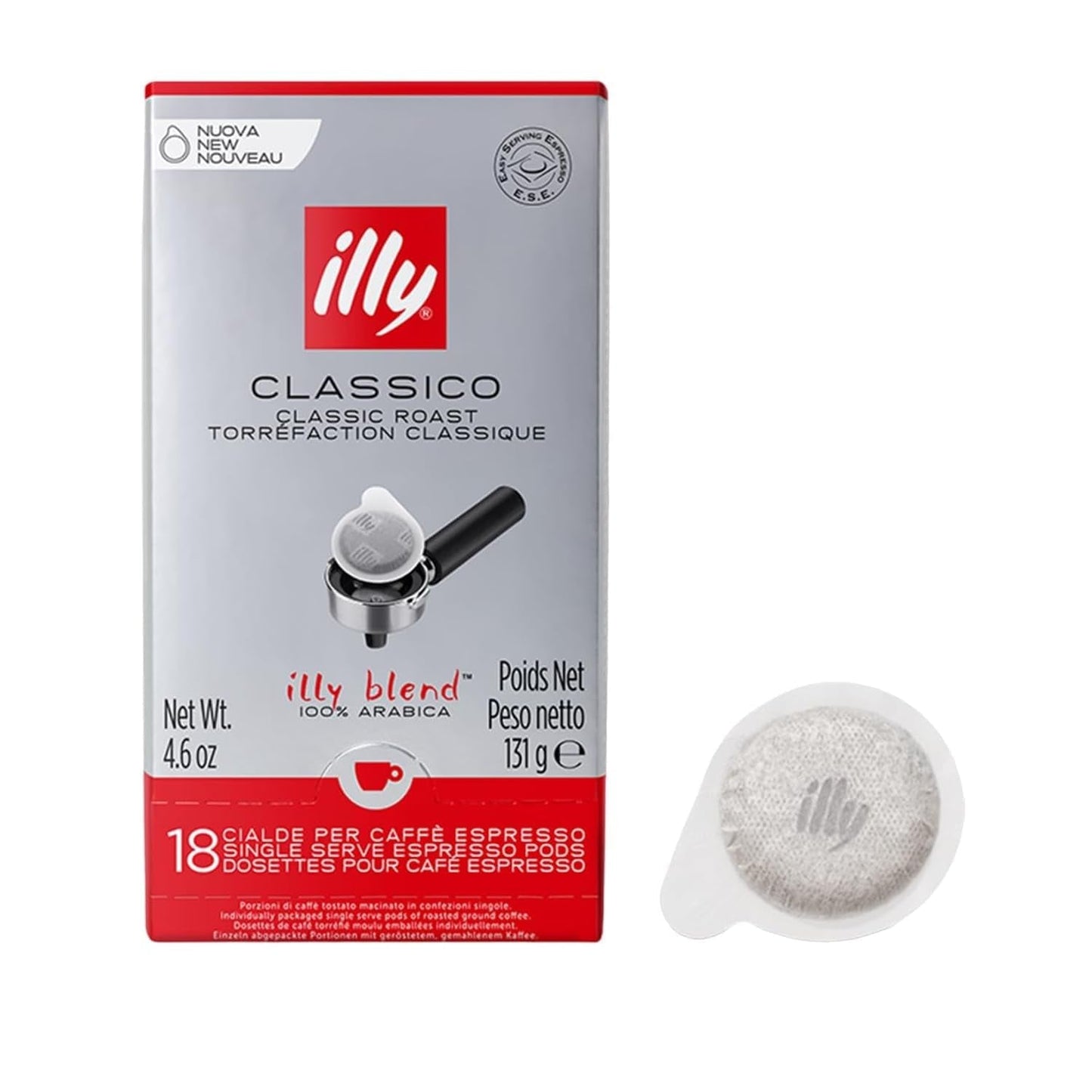 illy, Kaffee E.S.E. Podkładki Einzeldosis CLASSICO, 100% Arabica mit Noten von Orangenblüten und Jasmin, Sanfter Gesmack und Süßer Nachgeschmack, 1 Packung mit 18 composterbaren kapselsn