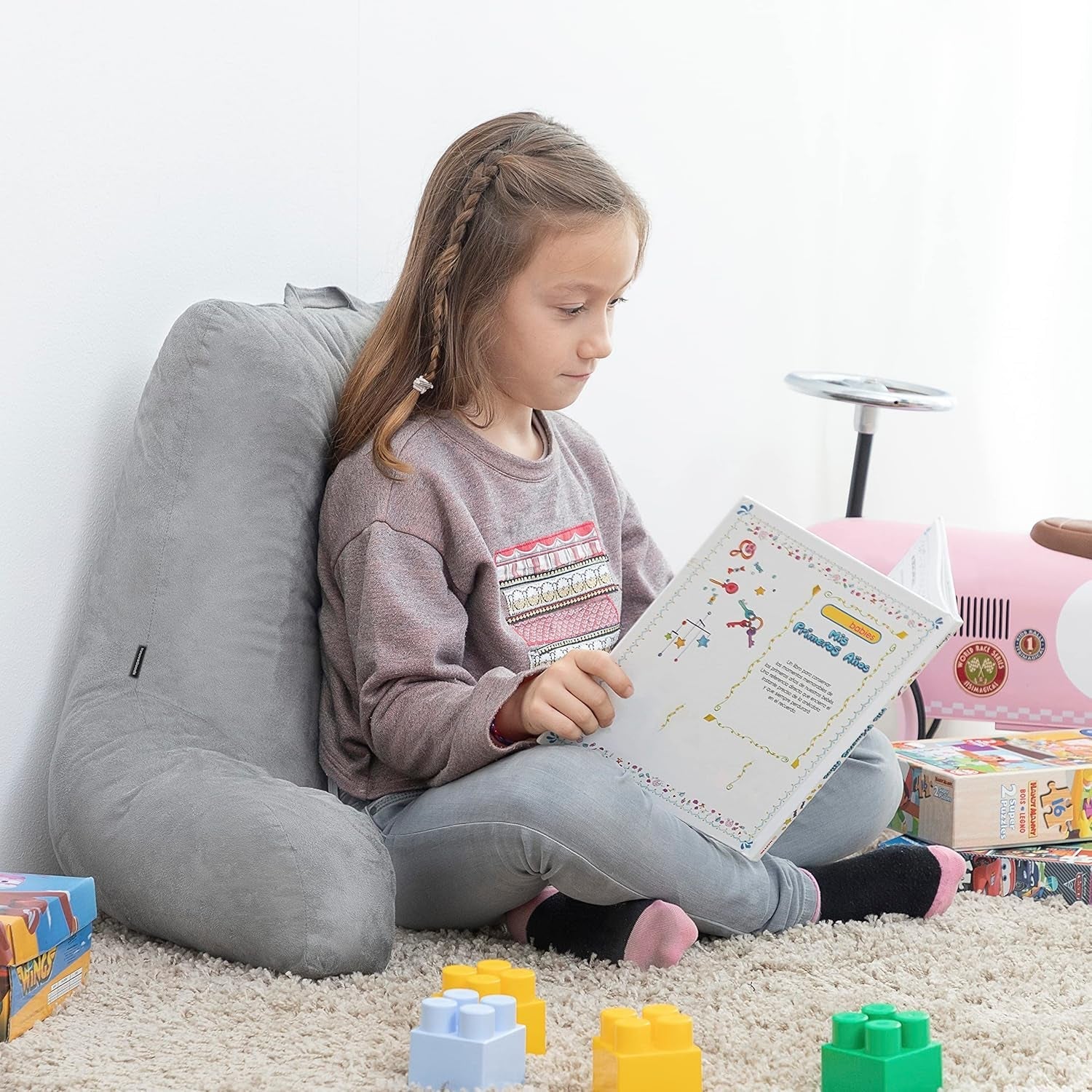 InnovaGoods Huglow poduszka do czytania z podłokietnikiem do sofy, łóżka i dywanu, poduszka do czytania z podparciem lędźwiowym i uchwytem do przenoszenia, ergonomiczna, zapobiega dyskomfortowi i bólowi, szara