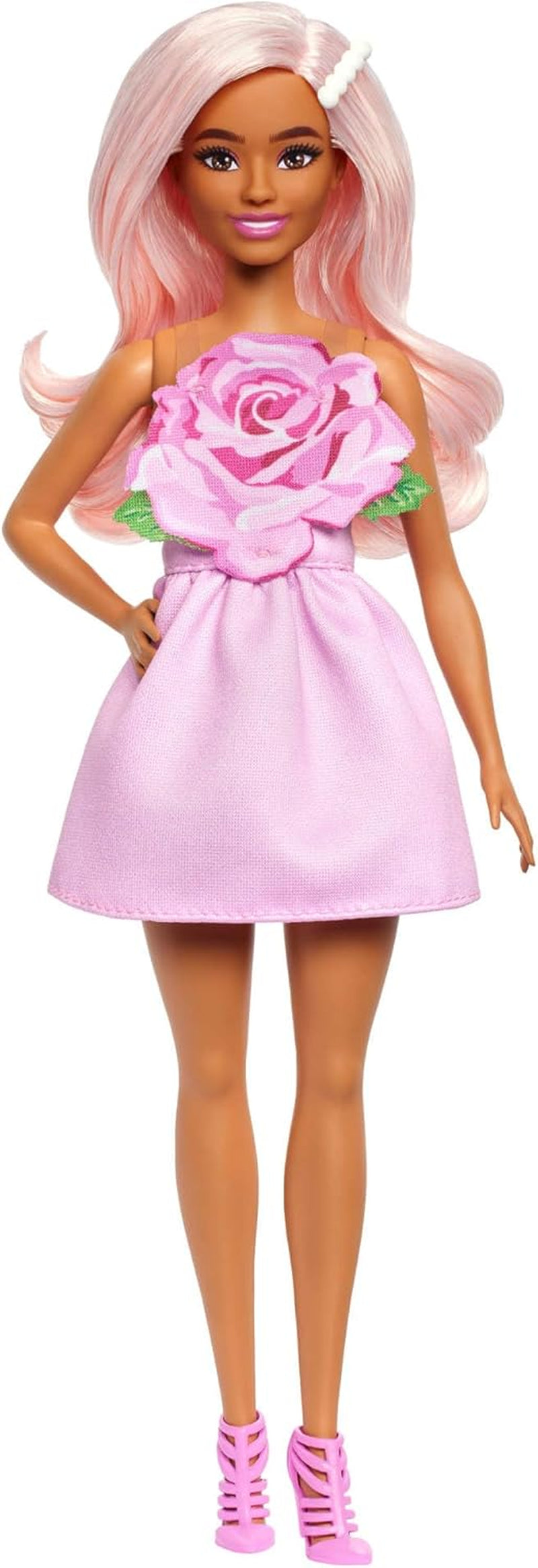 Lalka Barbie Fashionistas nr. 238 z pastelowymi różowymi włosami, sukienką bez ramiączek z różowym stanikiem, perłową spinką do włosów oraz szpilkami i spinkami, HYT94