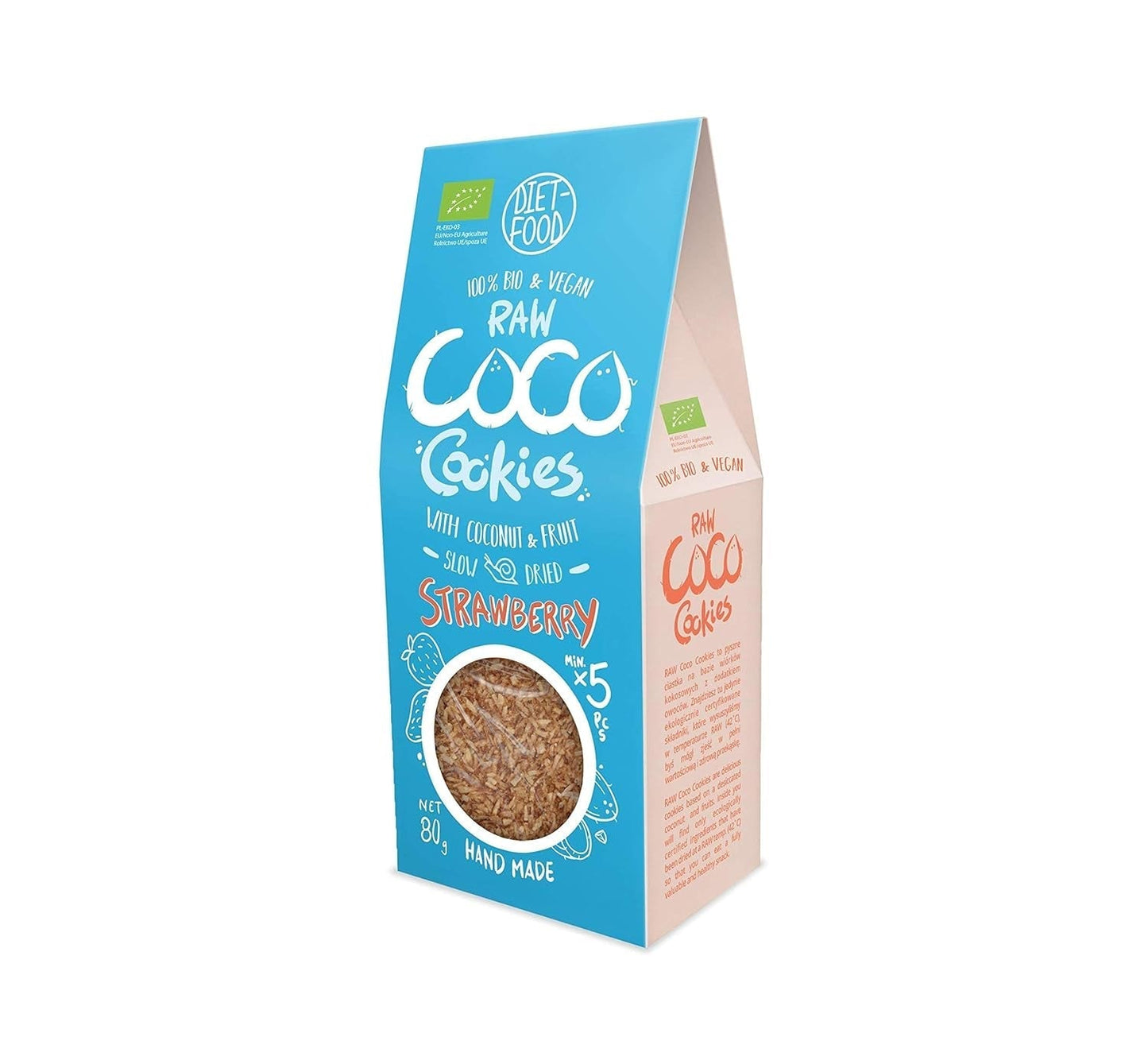 DIET-FOOD Ekologiczne Ciasteczka z Chipsami Kokosowymi i Truskawkami Zdrowa przekąska Pyszne ciasteczka do biura, bez konserwantów 80 g (1 opakowanie)