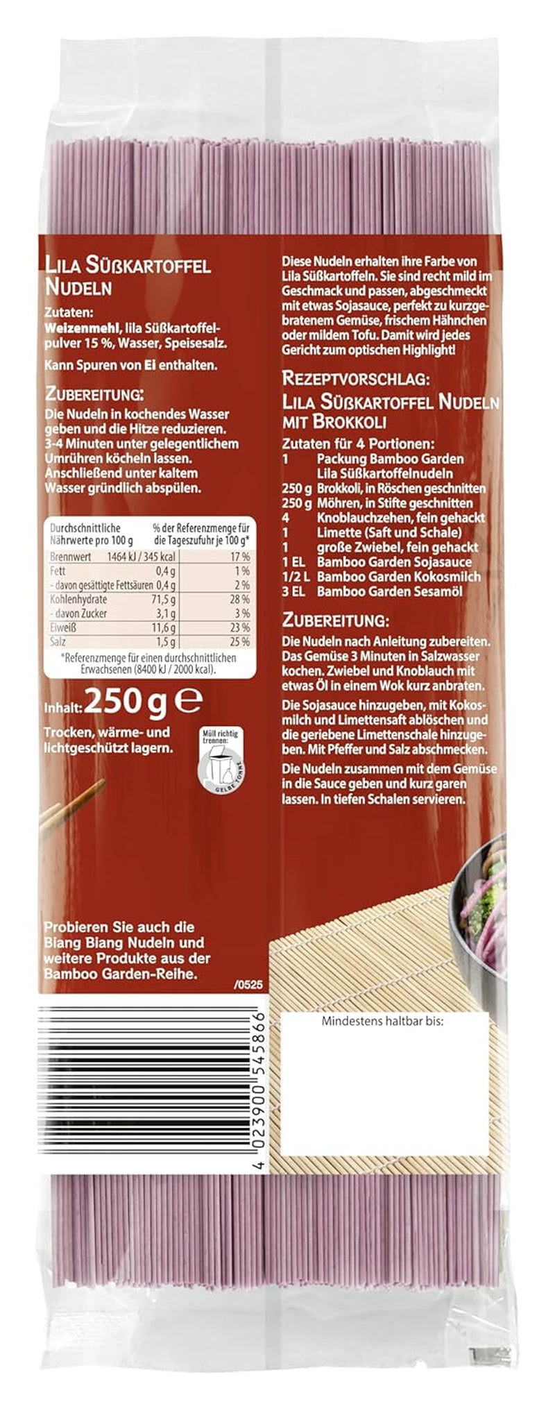 Ogród Bambusowy - Fioletowy Makaron Ze Słodkich Ziemniaków | Cienki makaron o łagodnym orzechowym smaku | Idealny do misek i sałatek | Szybki w przygotowaniu worek 250 g