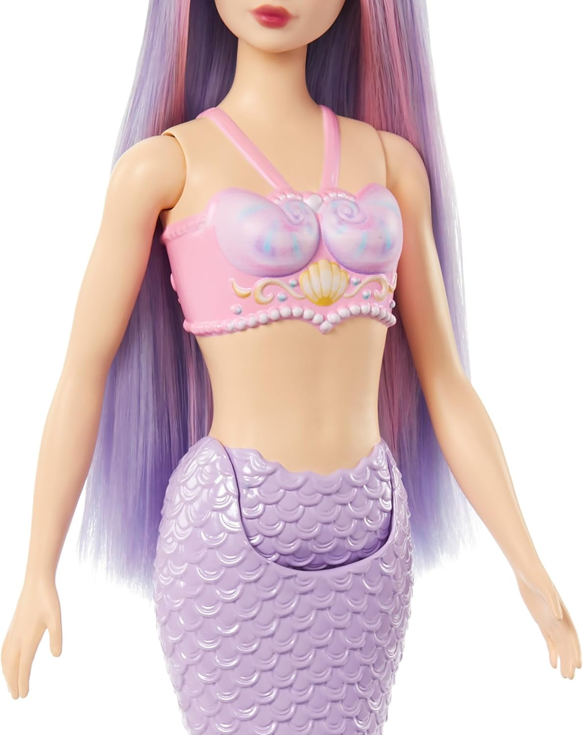 Lalka Barbie Syrenka z fantazyjnymi różowymi i liliowymi włosami i opaską na głowę, muszlowy top i lalka z lawendowo-niebieskim ogonem, lalki HRR06 Naty Shop