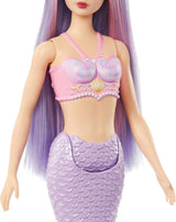 Lalka Barbie Syrenka z fantazyjnymi różowymi i liliowymi włosami i opaską na głowę, muszlowy top i lalka z lawendowo-niebieskim ogonem, lalki HRR06 Naty Shop