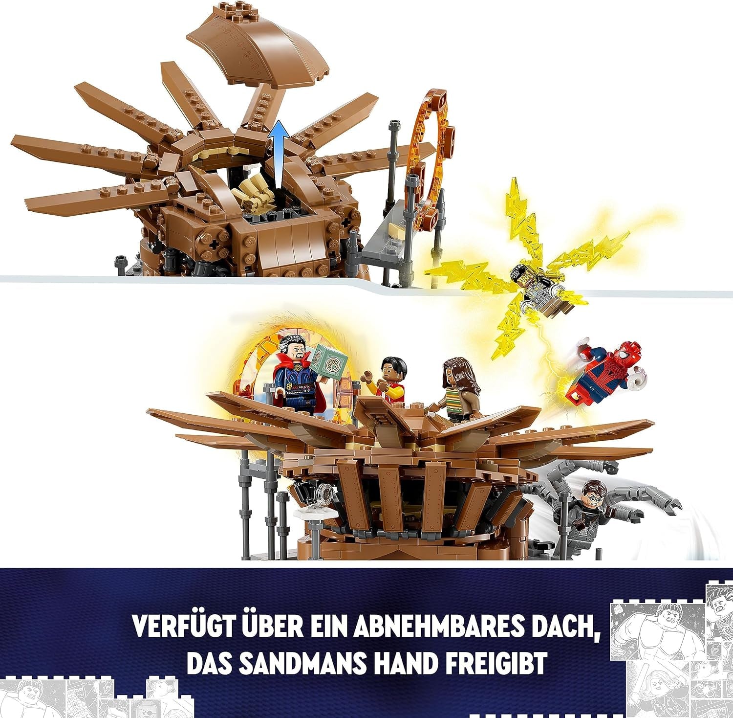 LEGO 76261 Marvel Spider-Man's Big Showdown, Spider-Man: No Way Home, zestaw z 3 minifigurkami Petera Parkera oraz Zielonym Goblinem, Electro, Sandmanem, Nedem, Doktorem Strange i MJ, model kolekcjonerski Zestawy do budowania Kup w sklepie LEGO