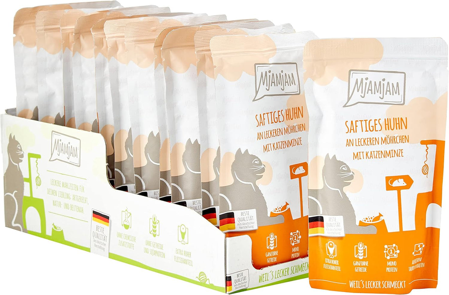 MjAMjAM - Mokra karma premium dla kotów - Wyciskana saszetka - Soczysty kurczak z pyszną marchewką, 12 opakowań (12 x 125 g), bez zbóż, z dodatkowym mięsem
