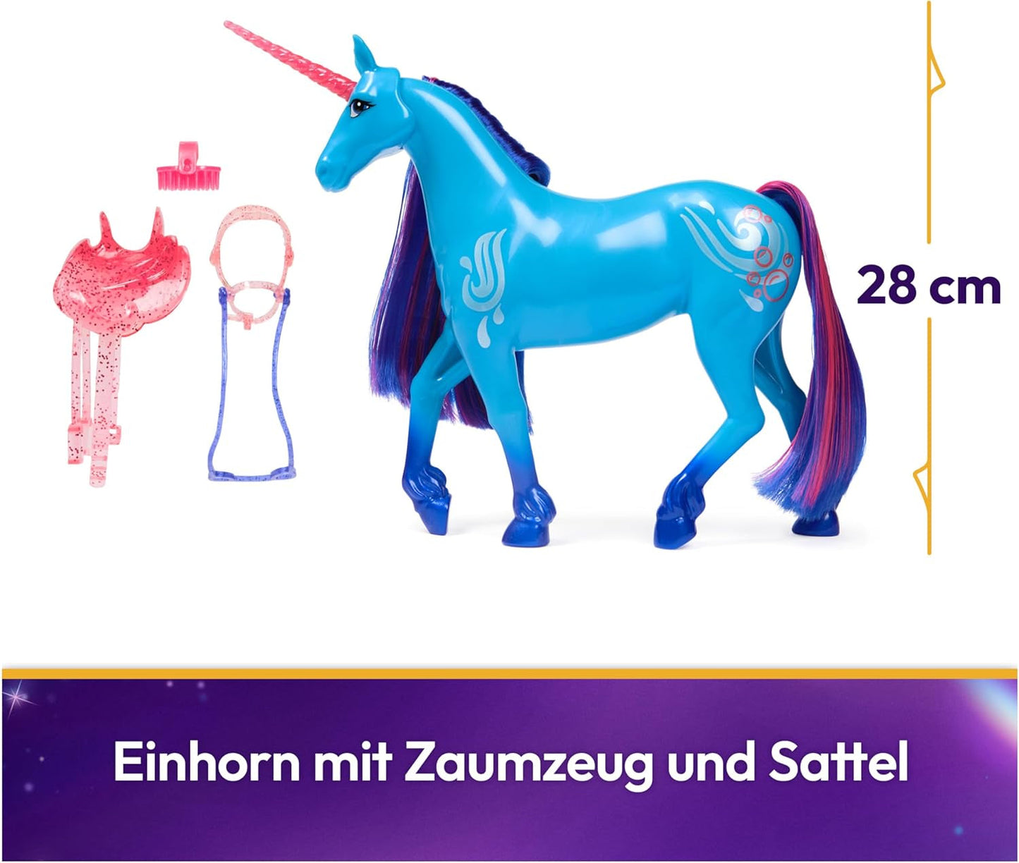 Unicorn River Unicorn Academy - wysoki na 28 cm, oryginalny jednorożec Isabel z serialu Netflix, z prawdziwą grzywą i ogonem, zdejmowaną uzdą oraz siodłem i szczotką, dla dzieci od 4 roku życia