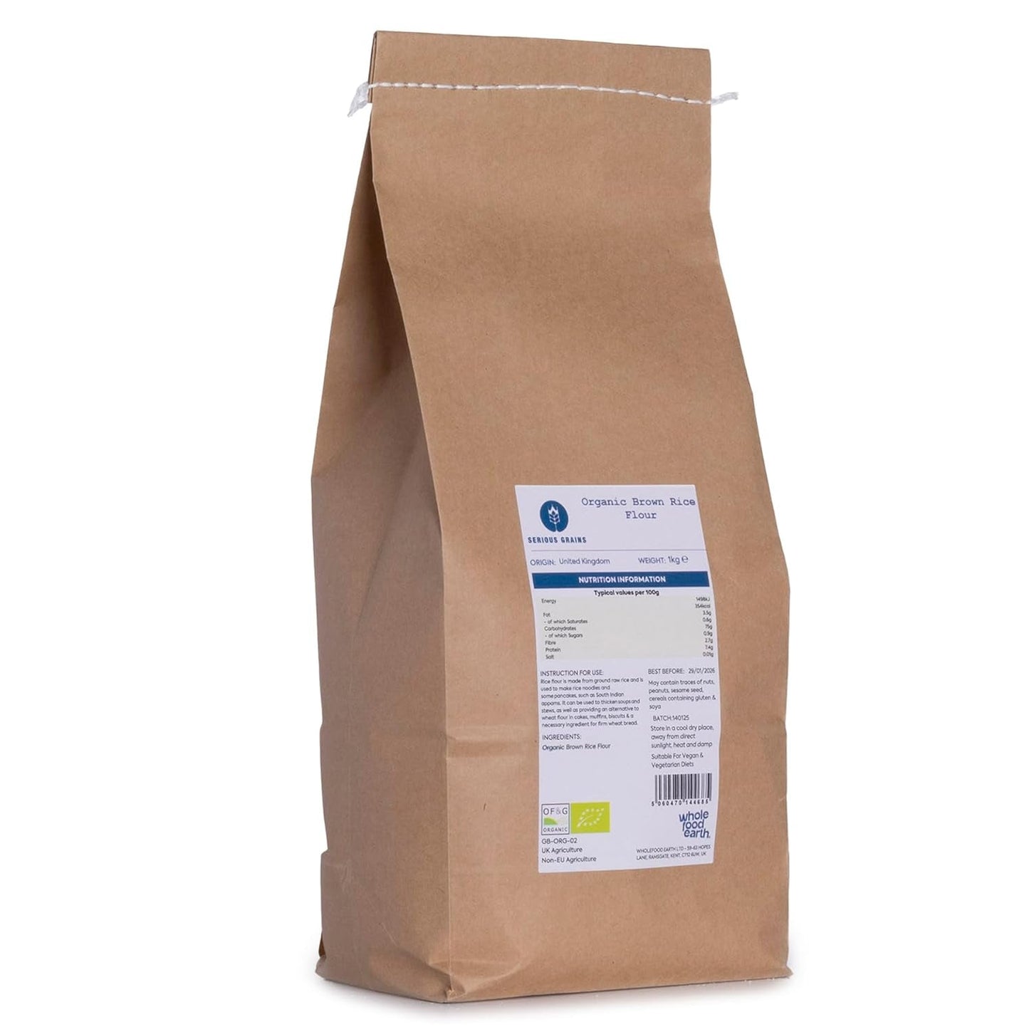 Wholefood Earth Organiczna mąka z brązowego ryżu – 3 kg | Kamienna ziemia | Bez GMO | Certyfikowane organiczne