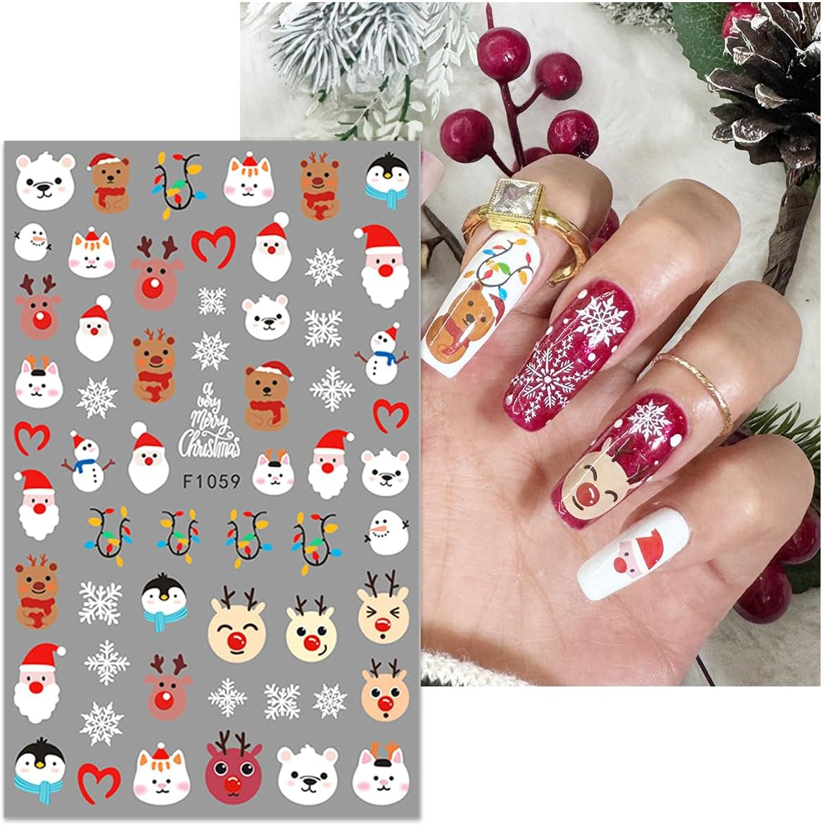 JMEOWIO Nagelsticker Weihnachten 10 Blatt Nail Art Naklejka Selbstklebend Nagelaufkleber Schneeflocke Winter Urlaub Süß Dekoration Nageldesign Zubehör