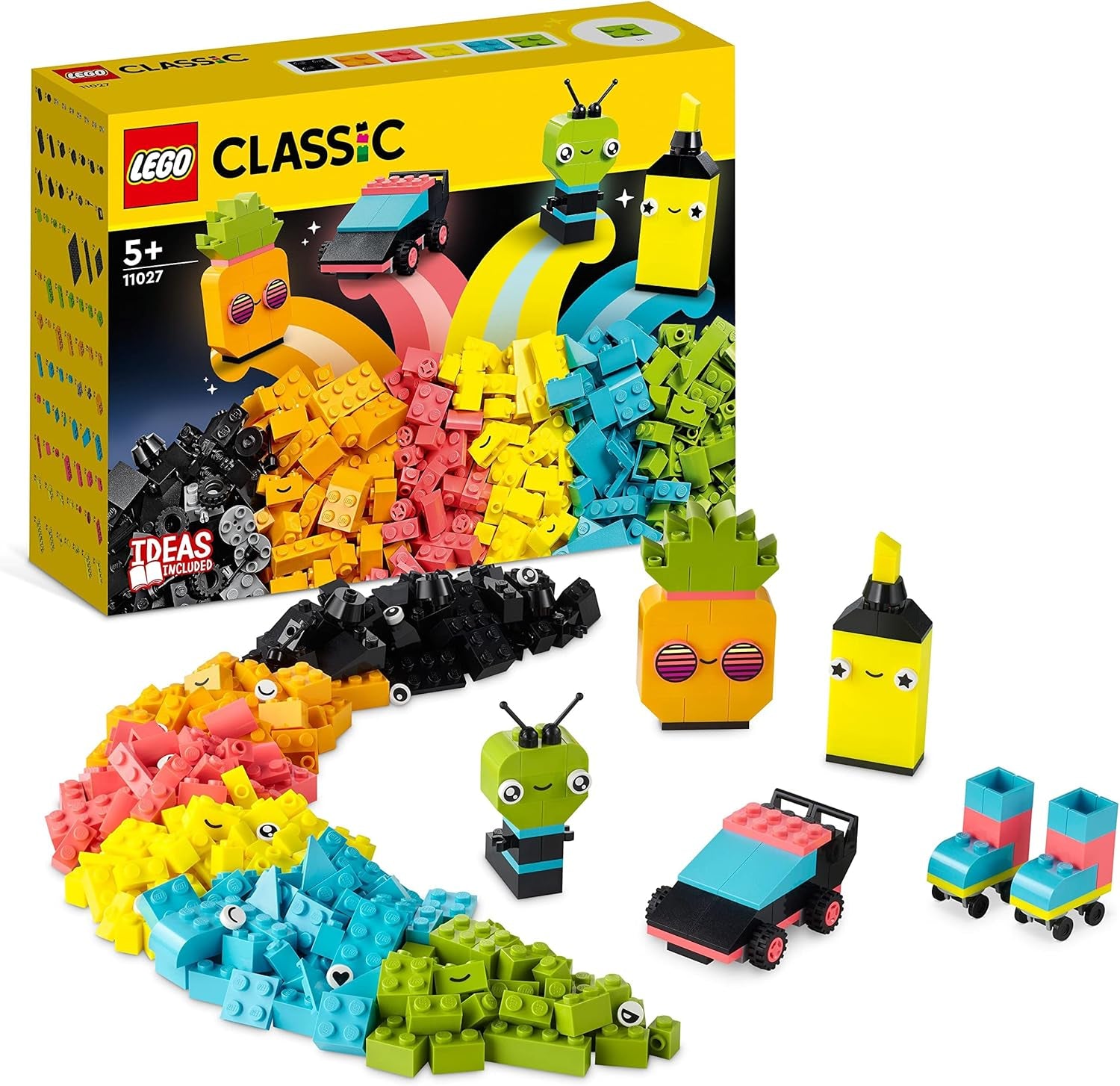 LEGO 11027 Klasyczny neonowy zestaw do kreatywnego budowania, zestaw klocków, zabawka do budowania z modelami: samochodu, ananasa, obcego, wrotek, figurkami i nie tylko, dla dzieci od 5 lat Zestawy do budowania Besuche den LEGO-Store Single