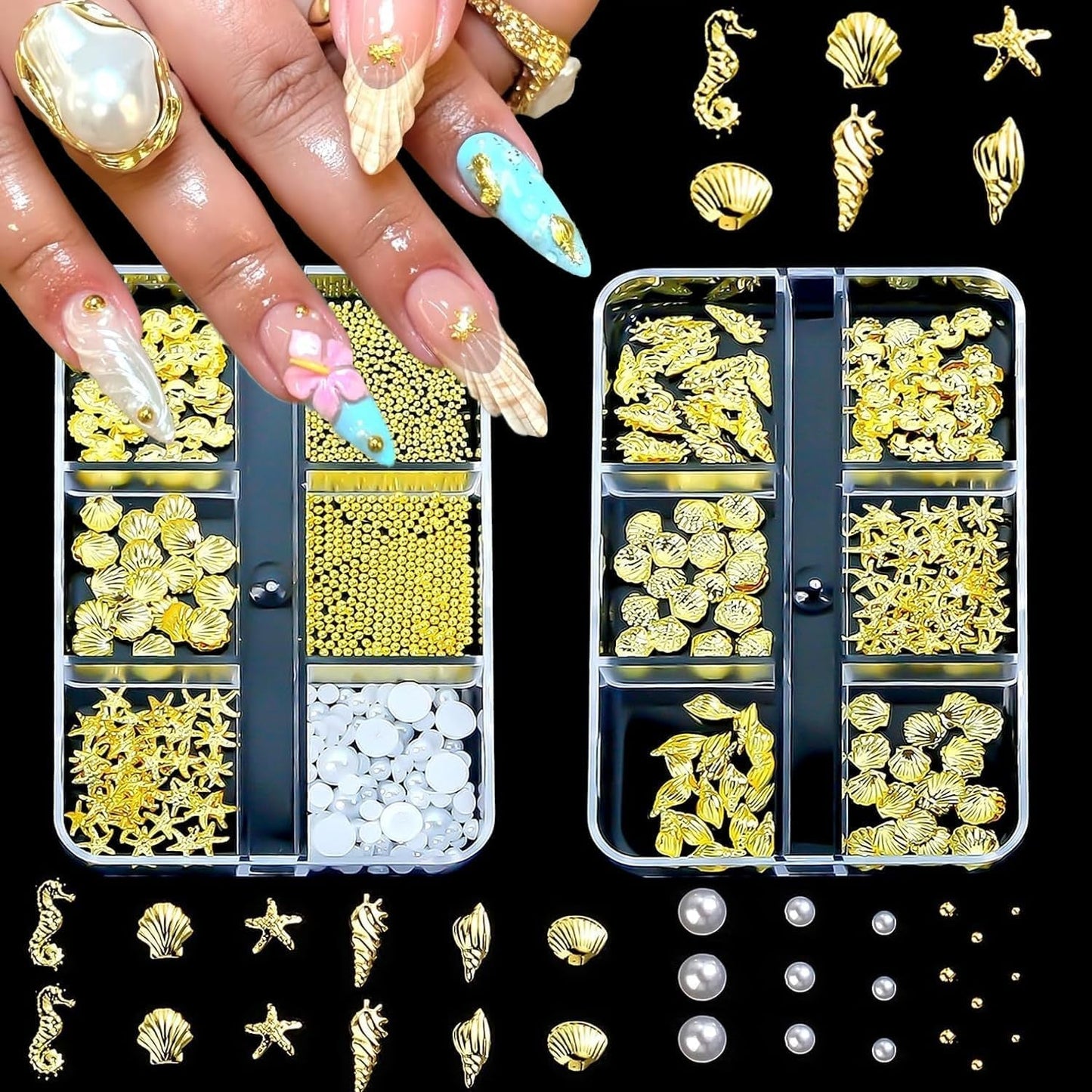 Charms do paznokci, 6 Boxen Gold Silber Nagel Charms 3D Gold Bogen Stern Nail Art Dekoration + 6200 Strasssteine ​​​​Bunt Steine ​​AB Perlen Diamanten, 3D Legierung Bow Nail Gems Nagel Deko Für Frauen Nagel (6-A)