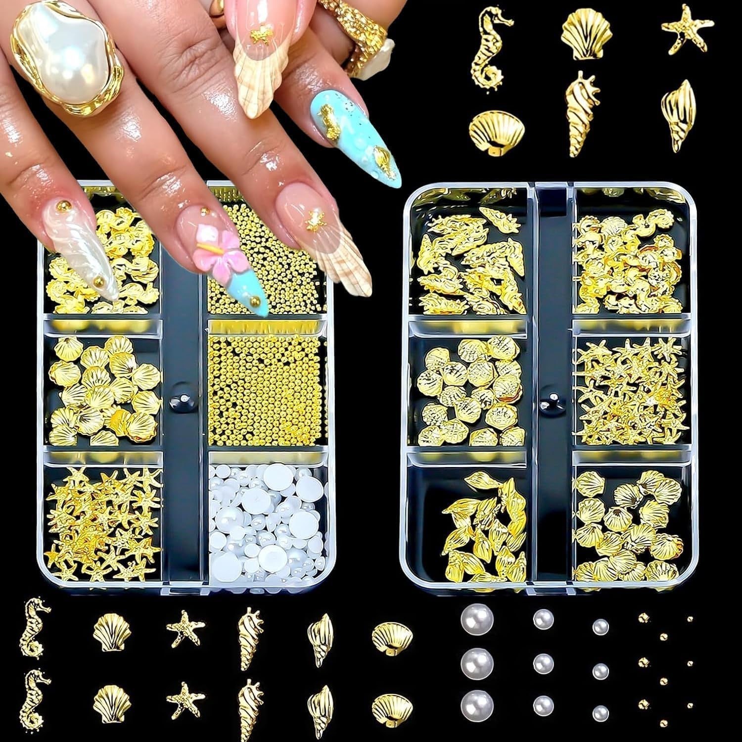 Charms do paznokci, 6 Boxen Gold Silber Nagel Charms 3D Gold Bogen Stern Nail Art Dekoration + 6200 Strasssteine ​​​​Bunt Steine ​​AB Perlen Diamanten, 3D Legierung Bow Nail Gems Nagel Deko Für Frauen Nagel (6-A)