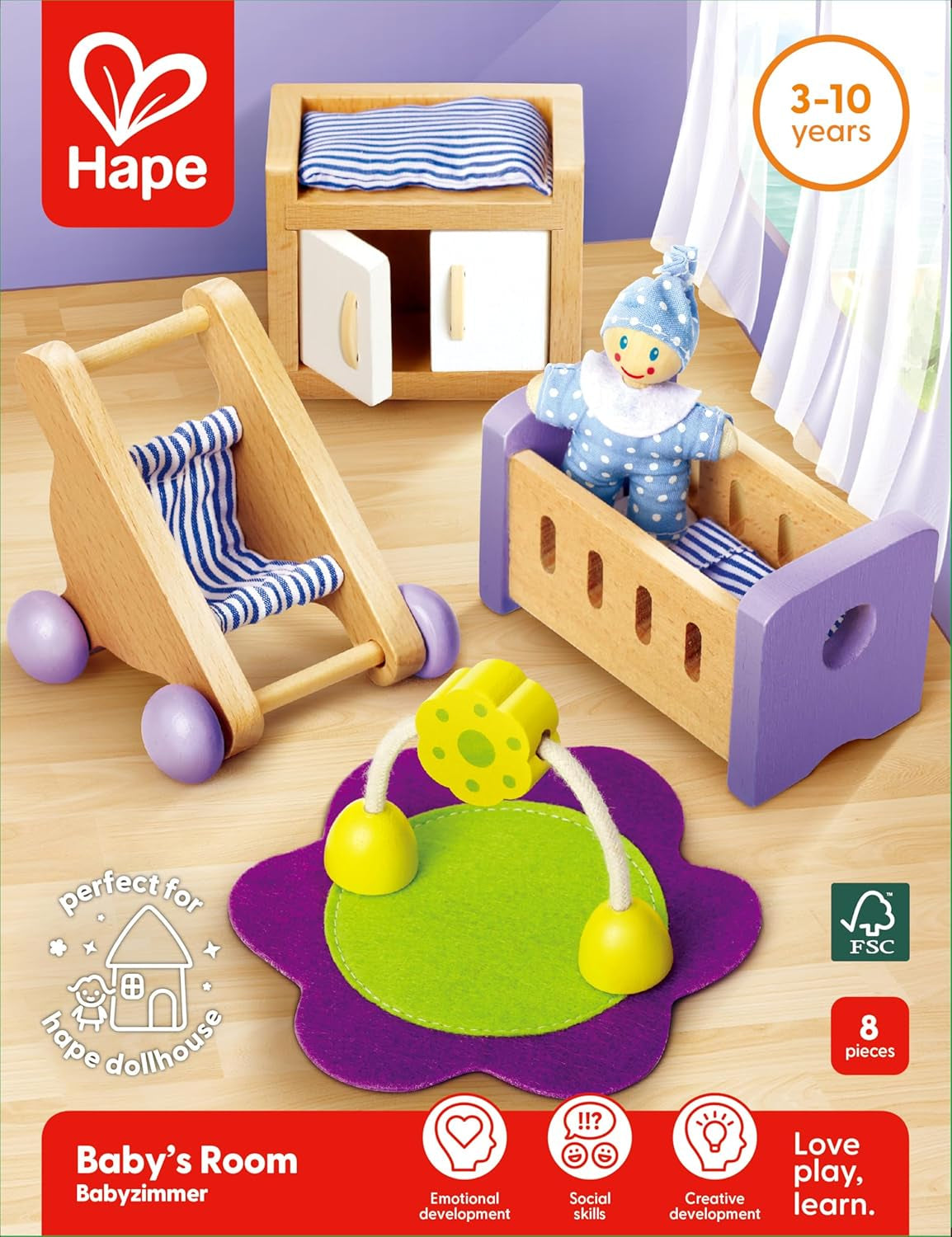Hape Baby Room - drewniany zestaw do pokoju lalek, mebelki dla lalek, akcesoria do domku dla lalek dla maluchów, miniaturowy pokój dziecięcy z huśtawką i akcesoriami, 3-letnie odgrywanie ról