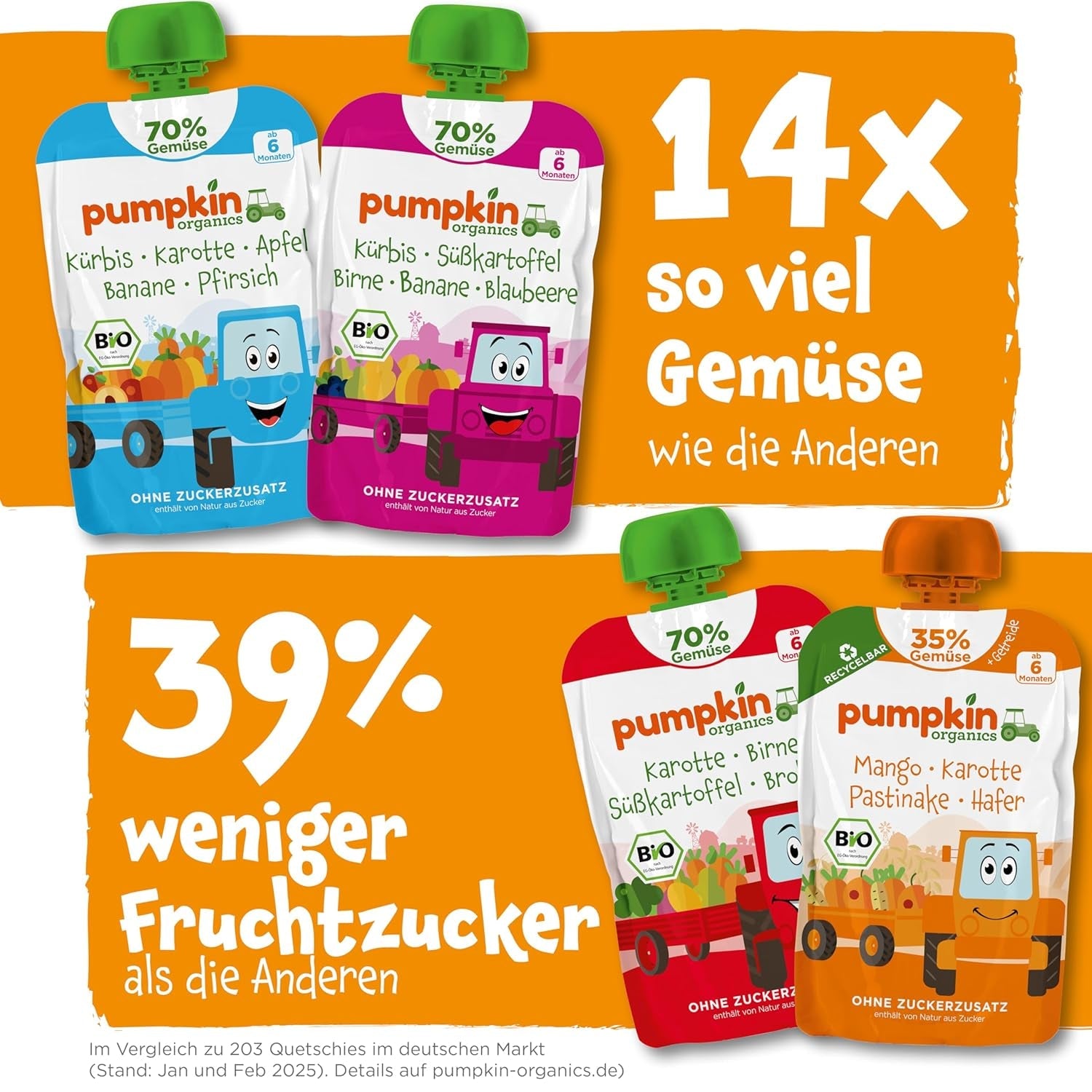 Pumpkin Organics torebki z organicznymi warzywami i zbożami, opakowanie 8 szt.: Gruszka, Truskawki, Bataty, Buraki, Banany, Owies - Bez dodatku cukru¹ - Od 6 miesiąca życia - jako przekąska lub pokarm uzupełniający w opakowaniu (8 x 100g)