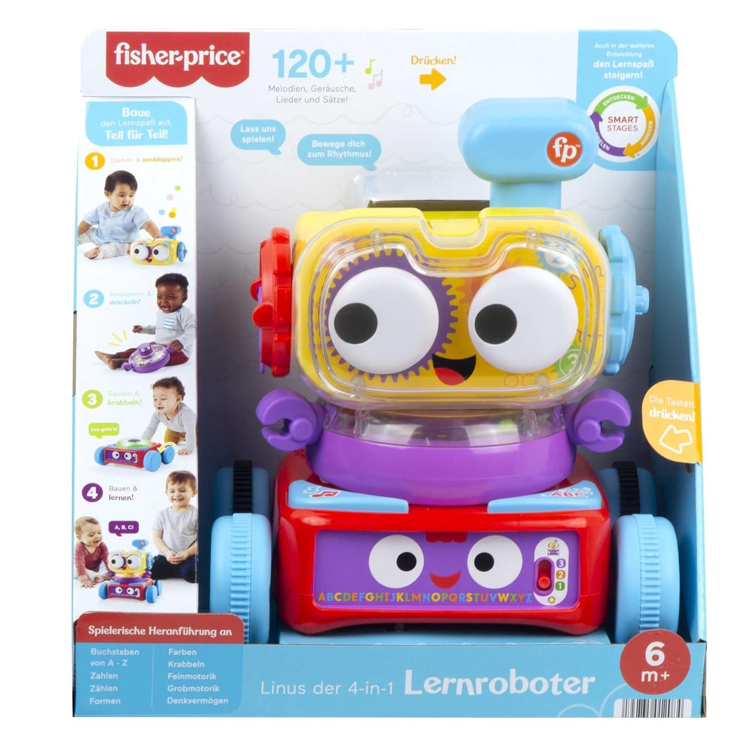 Robot uczący się Fisher-Price 4 w 1 Linus dla niemowląt i małych dzieci, Zabawka od 6 miesiąca życia - mówiąca po niemiecku, HCK39 Baby Toys Naty Shop