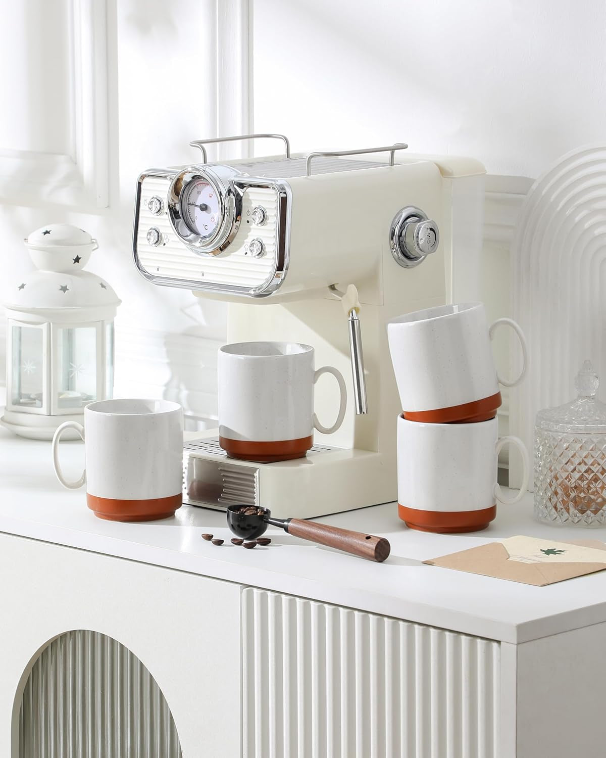 Zestaw kubków do kawy MALACASA, zestaw kubków kamionkowych 350ml dla 4 osób, nowoczesne kubki do kawy do herbaty, soku, latte, cappuccino, gorącej czekolady. Można myć w zmywarce i używać w kuchence mikrofalowej, seria TARA, kolor khaki biały