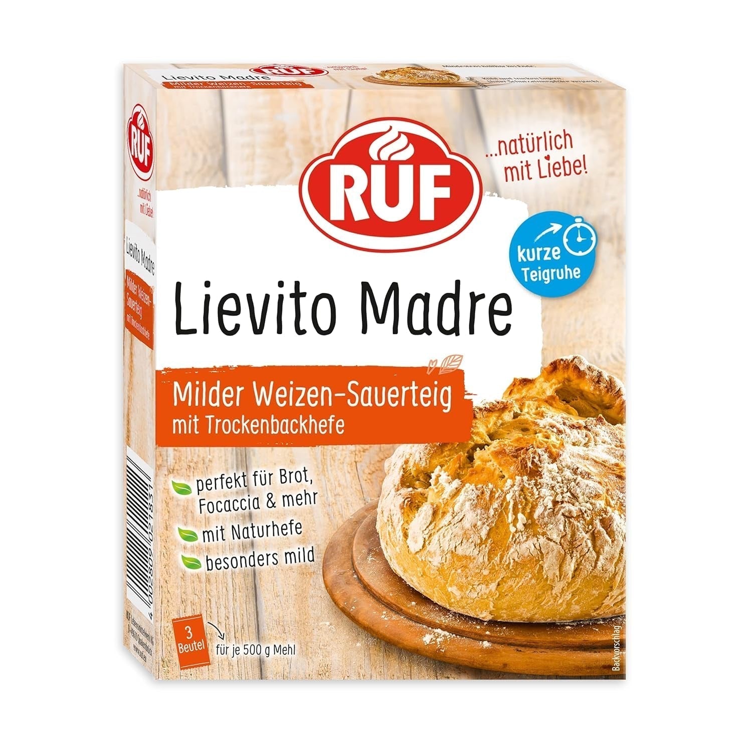 RUF Lievito Madre Sauerteig, Milder Weizen-Sauerteig, Mutterteig, Kurze Teigruhe Durch Enthaltene Trockenhefe, Lievito Madre Getrocknet Für Brot, Baguette, Focaccia, 3X35G Mieszanka do pieczenia i gotowania Naty Shop 35 G (3Er Pack) Kurze Teigruhe