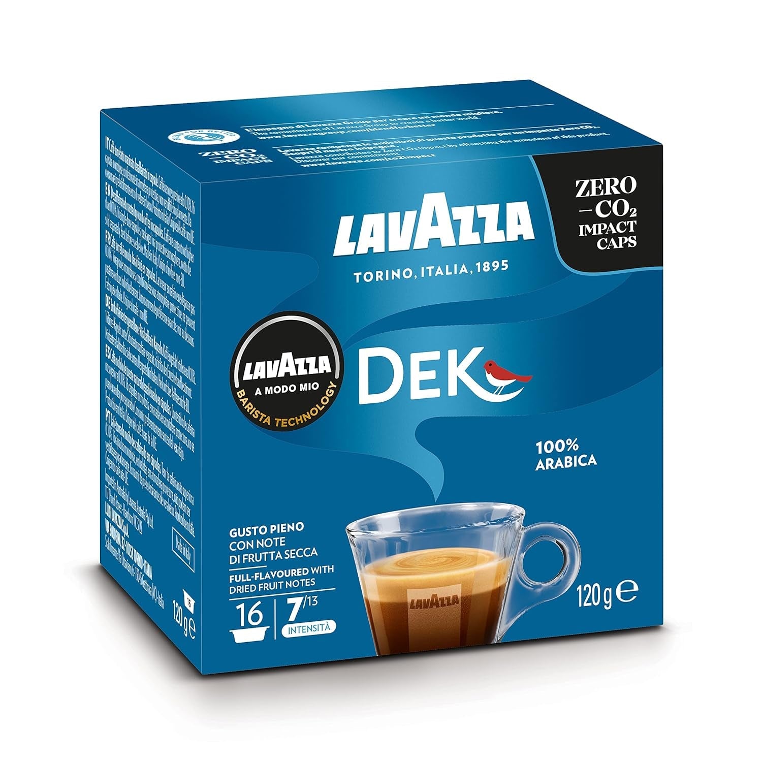 Lavazza A Modo Mio Dek Cremoso, 256 kapsułek kawy, do espresso bezkofeinowego z aromatycznymi nutami migdałów i canditis, 100% Arabica, intensywność 7/13, średnio palona, ​​16 opakowań