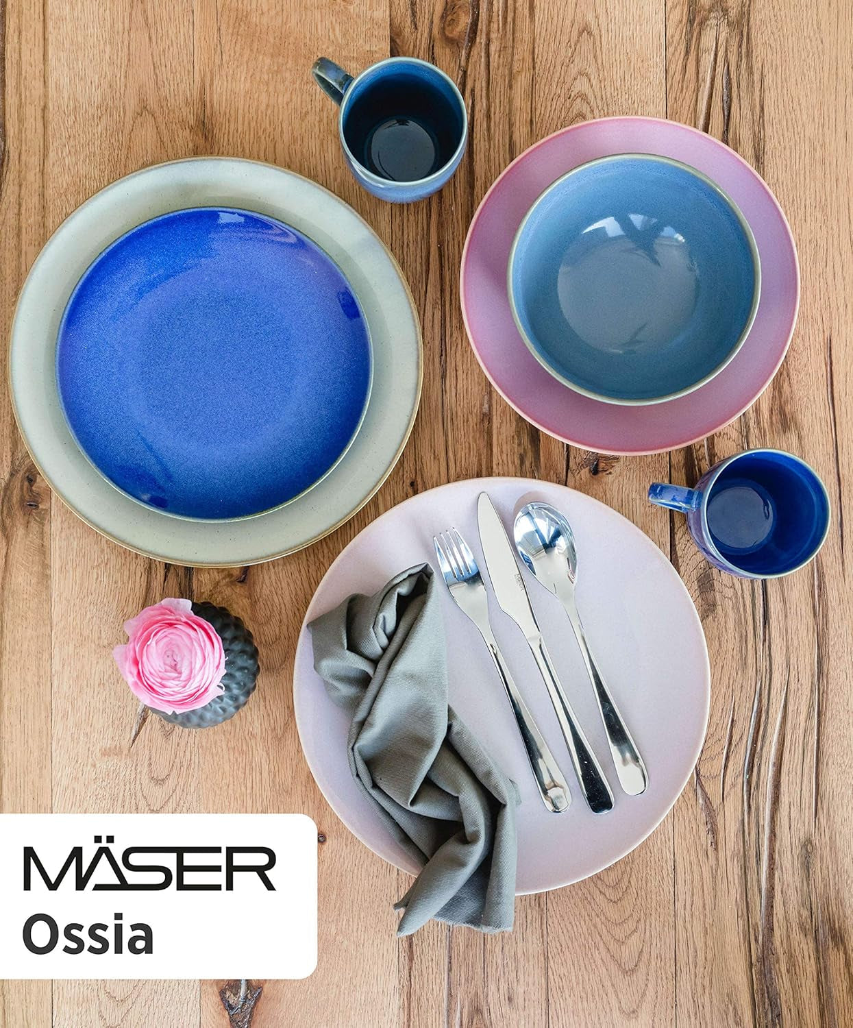 MĘSER 931736 Zestaw obiadowy dla 4 osób w śródziemnomorskim stylu vintage, łączony serwis z 16 elementami w kolorze piaskowoszarym, ceramicznym i piaskowoszarym
