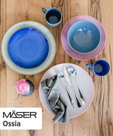MĘSER 931736 Zestaw obiadowy dla 4 osób w śródziemnomorskim stylu vintage, łączony serwis z 16 elementami w kolorze piaskowoszarym, ceramicznym i piaskowoszarym