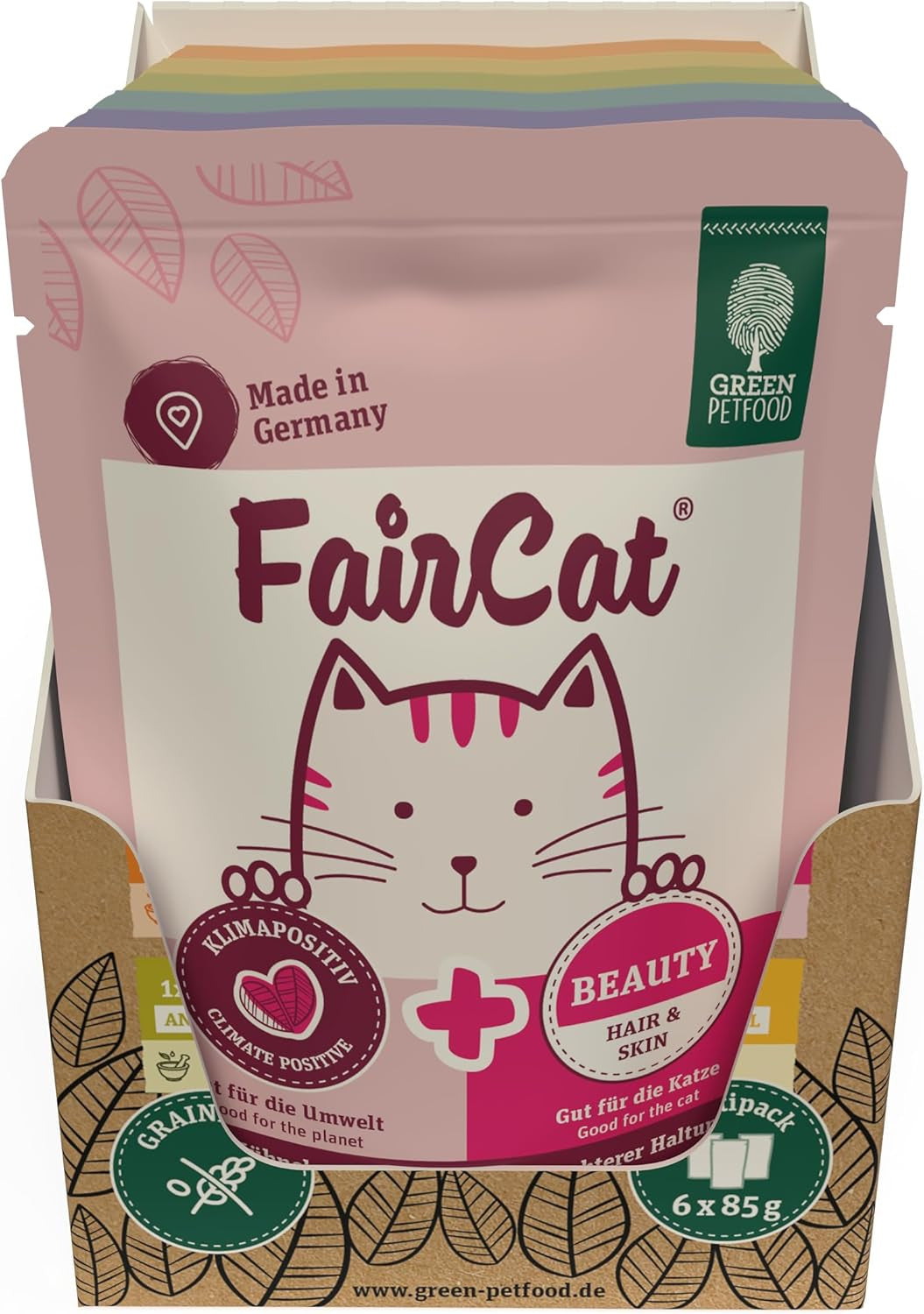 Opakowanie zbiorcze Green Petfood FairCat (6 x 85 g) | Dorosły | Mokra karma premium dla wyrośniętych kotów 6 verschiedenen leckere Sorten im Multipack | getreidefrei | Katzenfutter nass | 6 paczek