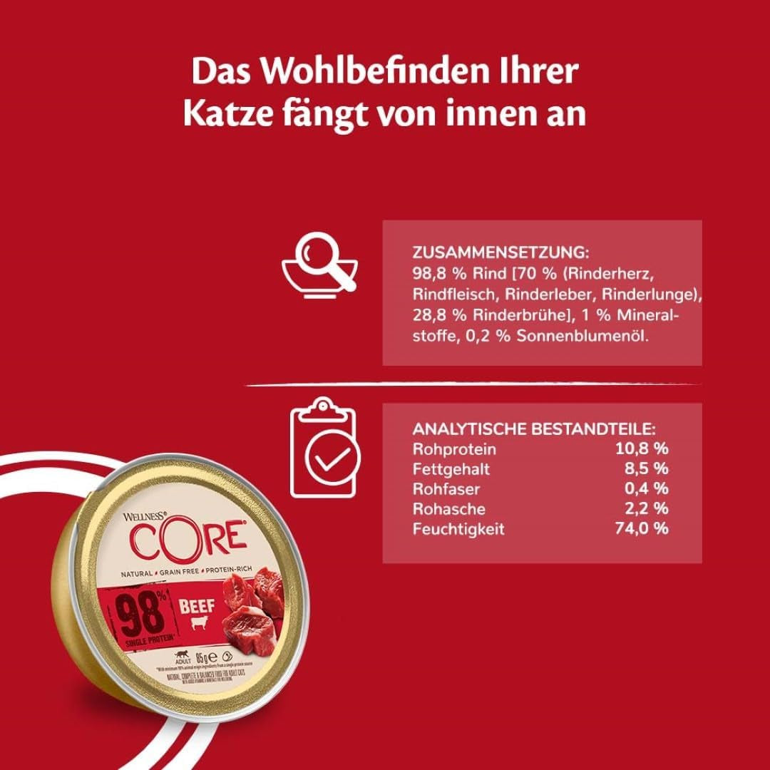 Wellness CORE 98% 12 x 85g, Wołowina - Mokra karma dla kotów, gęsty pasztet, bez zbóż, naturalna, hipoalergiczna, bogata w białko, bogata w mięso