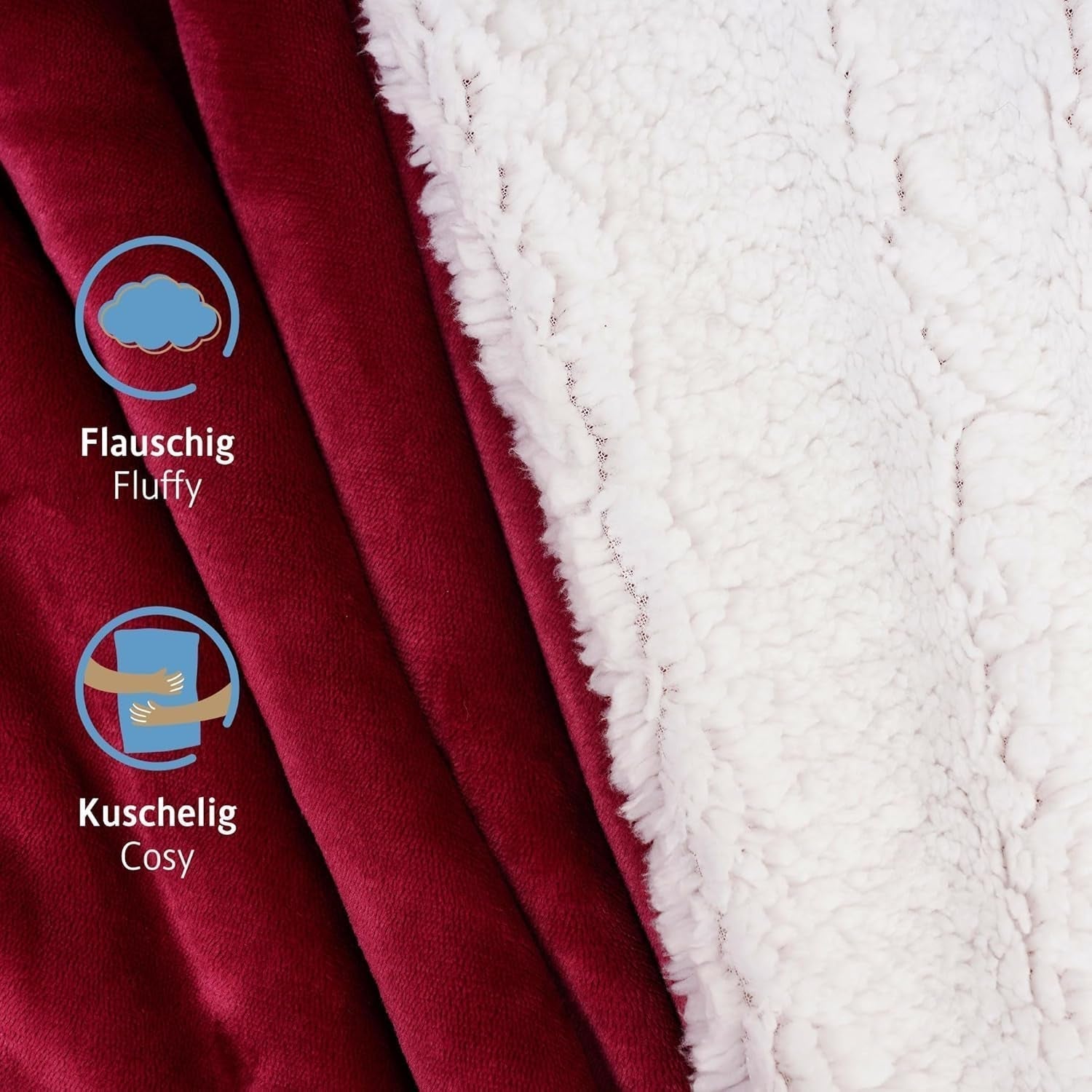 Przytulny koc Komfortec 150X200 cm, puszysty koc polarowy z certyfikatem Oeko-Tex, ciepły koc sherpa na sofę, gruby koc na sofę, bordowe Łóżka i koce Besuche den Komfortec-Store