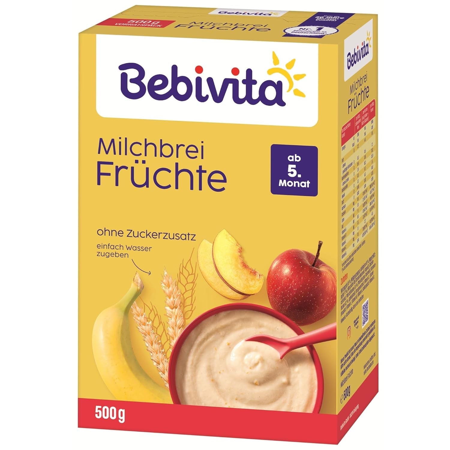 Kaszka mleczna z owocami (4x500g), od 5 miesiąca życia, bez dodatku cukru, z cennymi minerałami i witaminami, bardzo sycąca
