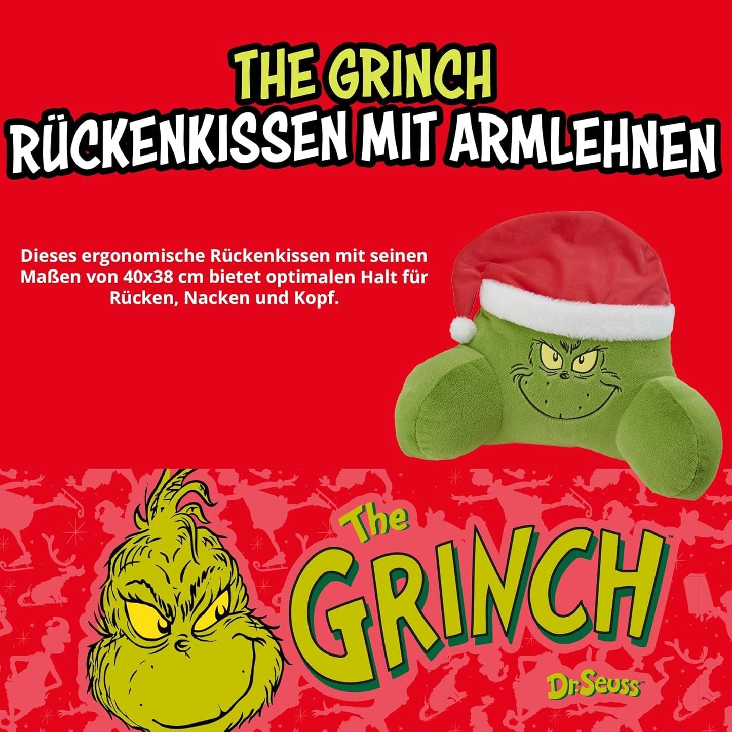 Poduszka Grinch - poduszka pod plecy do łóżka i sofy, podparcie pleców z podłokietnikami, poduszka do czytania na plecy, szyję i głowę, zielona, ​​40 x 38 cm