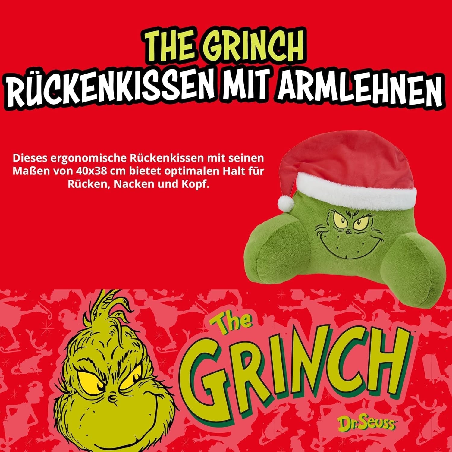 Poduszka Grinch - poduszka pod plecy do łóżka i sofy, podparcie pleców z podłokietnikami, poduszka do czytania na plecy, szyję i głowę, zielona, ​​40 x 38 cm