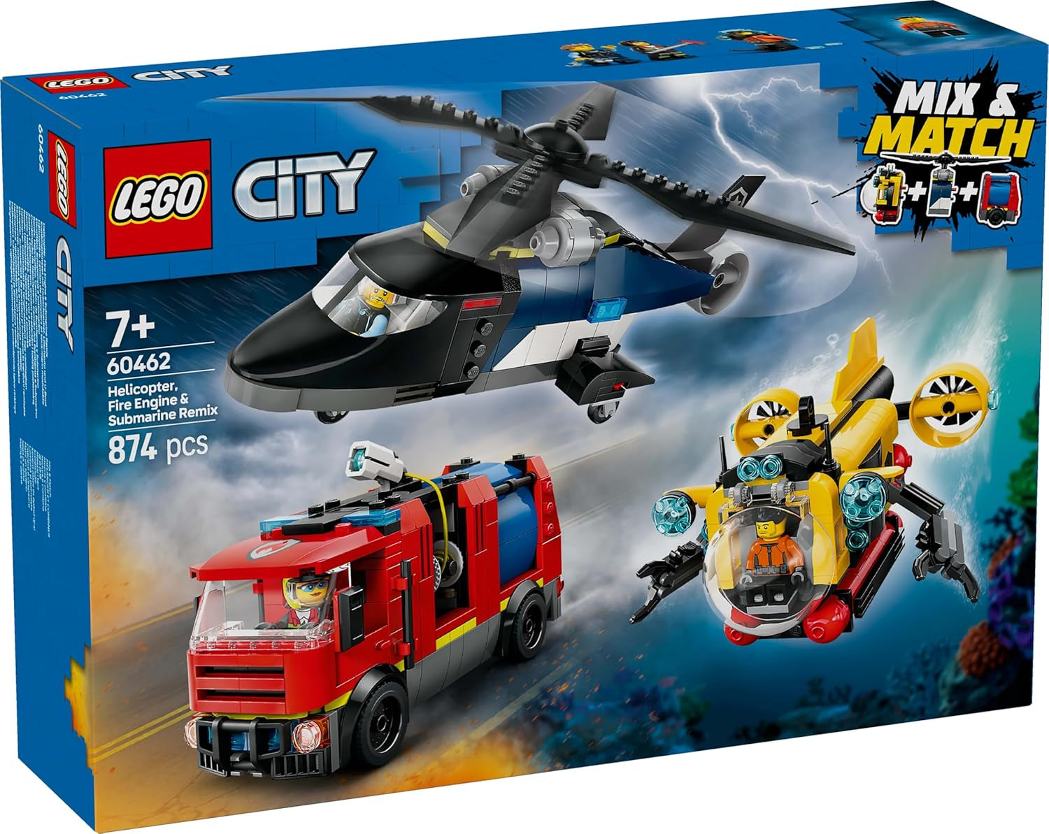 Zestaw LEGO City Combo zawierający helikopter, samochód z lwem i łódź podwodną oraz 3 minifigurki — zabawkowe pojazdy do zbudowania dla chłopców i dziewcząt od 7 lat — prezent urodzinowy i świąteczny 60462 Zestawy do budowania Besuche den LEGO-Store