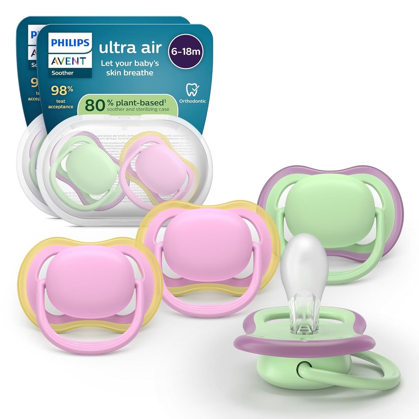 Smoczki Philips AVENT ultra air — zestaw 4 oddychających smoczków niezawierających BPA dla dzieci w wieku 6–18 miesięcy, w tym etui do przenoszenia i sterylizacja, wzór żółwia/wieloryba (model SCF085/66)