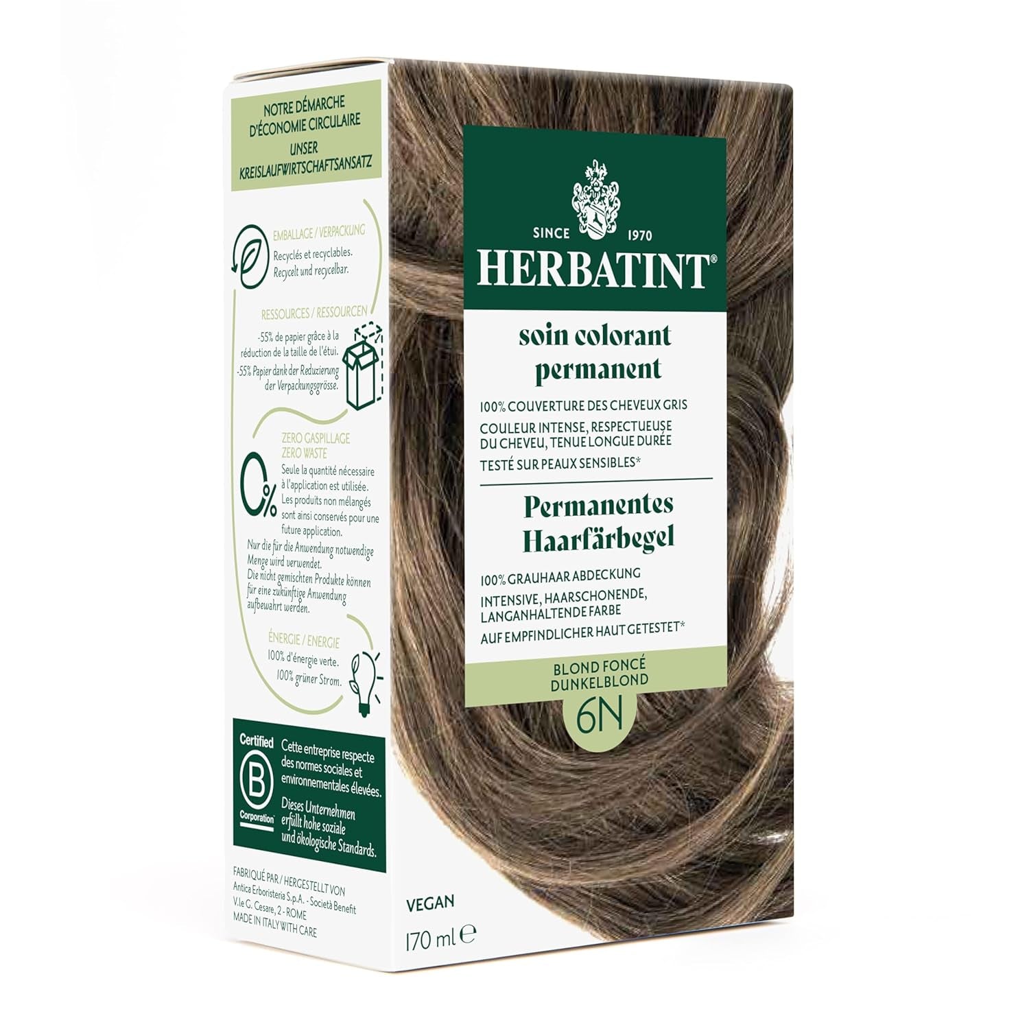 Żel do trwałej farbowania włosów 6N ciemny blond - 170 ml I Bez amoniaku, 100% pokrycia siwych włosów I Testowany na wrażliwej skórze, z 8 ekstraktami roślinnymi Farba do włosów Naty Shop 6N Ciemny blond