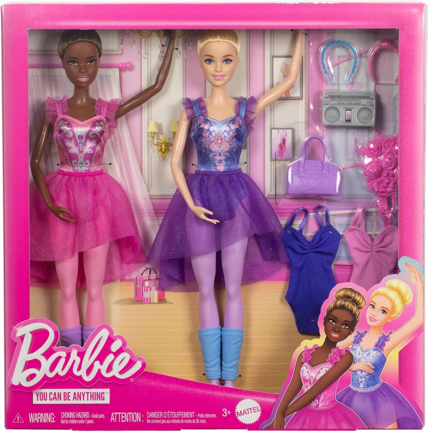 Barbie Ballettstudio Set z 2 Puppen i 9 Zubehörteilen, blond i brunetka Ballerina-Modepuppen z australijskim strojem i zum Tanzmotto passten Teilen, HXC37, [Multicolor]