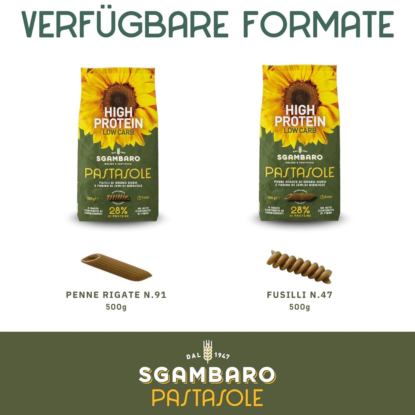 PASTASOLE, Penne Rigate mit Hartweizengriess aus 100% italienischem Anbau und Sonnenblumenkernmehl - 500g - Wysokobiałkowe, Niskowęglowodanowe, Hoher Balaststoffgehalt