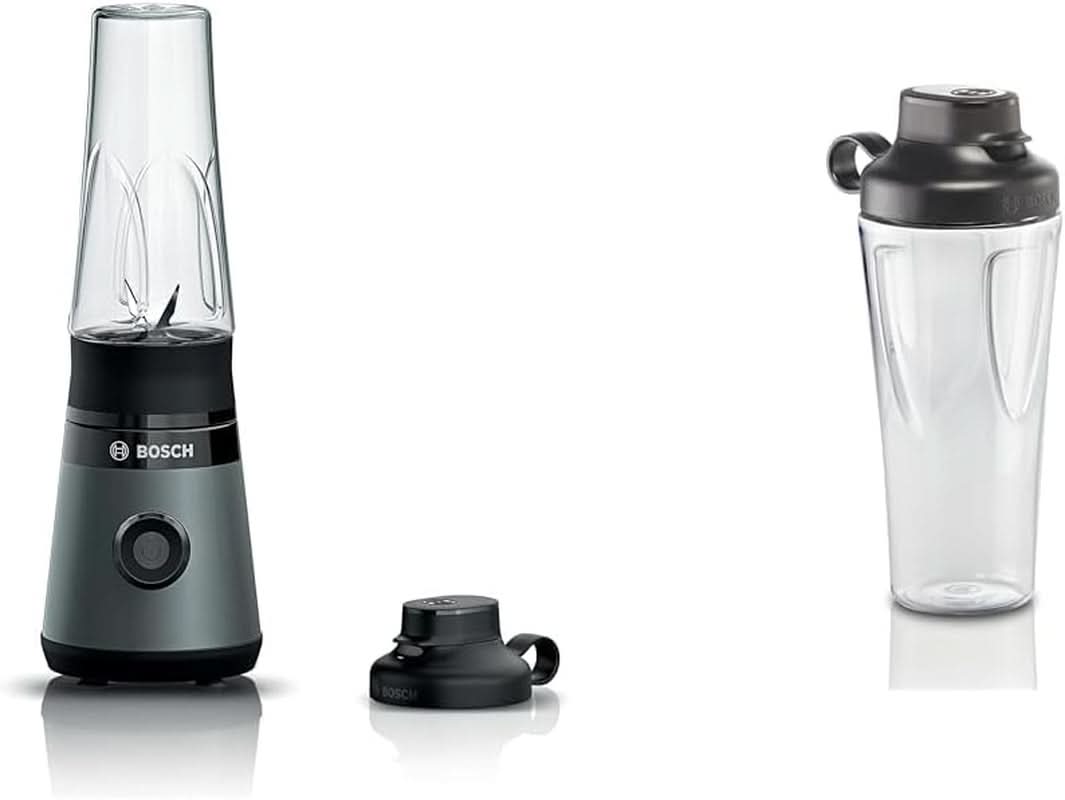 Bosch Mini-mikser stojący Vitapower Serie 2 MMB2111S, mikser wysokoobrotowy, Bis Zu 40 000 obr./min, Tritan Togo-Flasche 0,6 l, Trinkdeckel, Bruchsicher, Spülmasch.Geeignete Teile, 450W, Silber/Schwarz Kitchen Naty Shop Bundle Mit Togo-Flasche Silber / Schwarz
