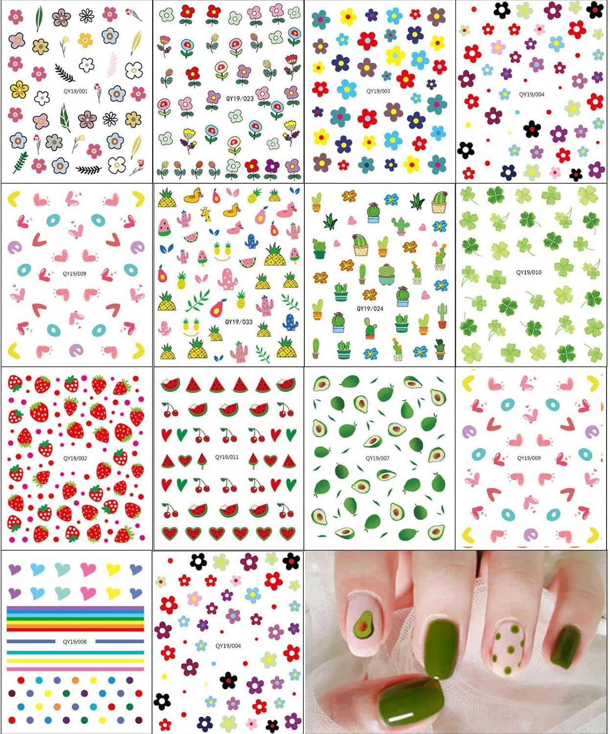 JMEOWIO Süße Nagelsticker Für Kinder 14 Blatt Nail Art Naklejka Selbstklebend Nagelaufkleber Regenbogen Blumen Frucht Dekoration Nageldesign Zubehör