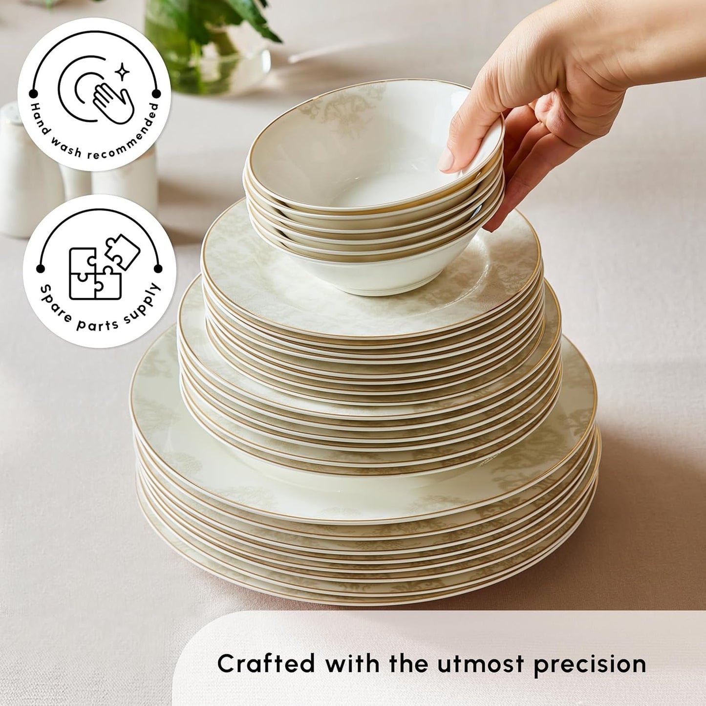 Zestaw naczyń obiadowych Karaca Elegance Bone Siena na 12 osób, nowoczesny zestaw naczyń porcelanowych, zestaw naczyń obiadowych z miskami na zupę, półmisek, talerze głębokie, talerze deserowe - białe i złote