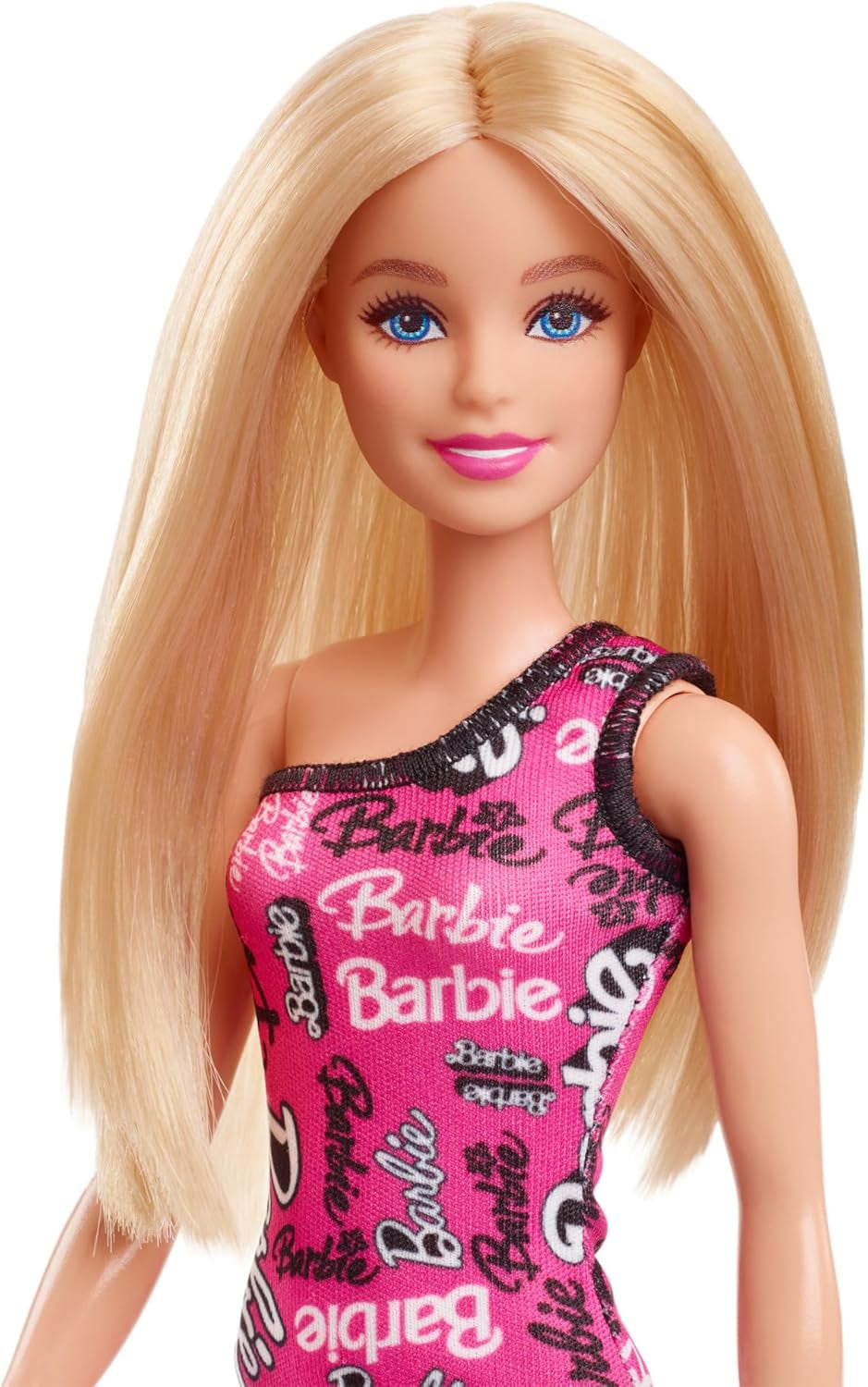 Modna lalka Barbie z prostymi blond włosami, w różowej elastycznej sukience na jedno ramię i butach z nadrukowanym logo HRH07 Naty Shop Dolls