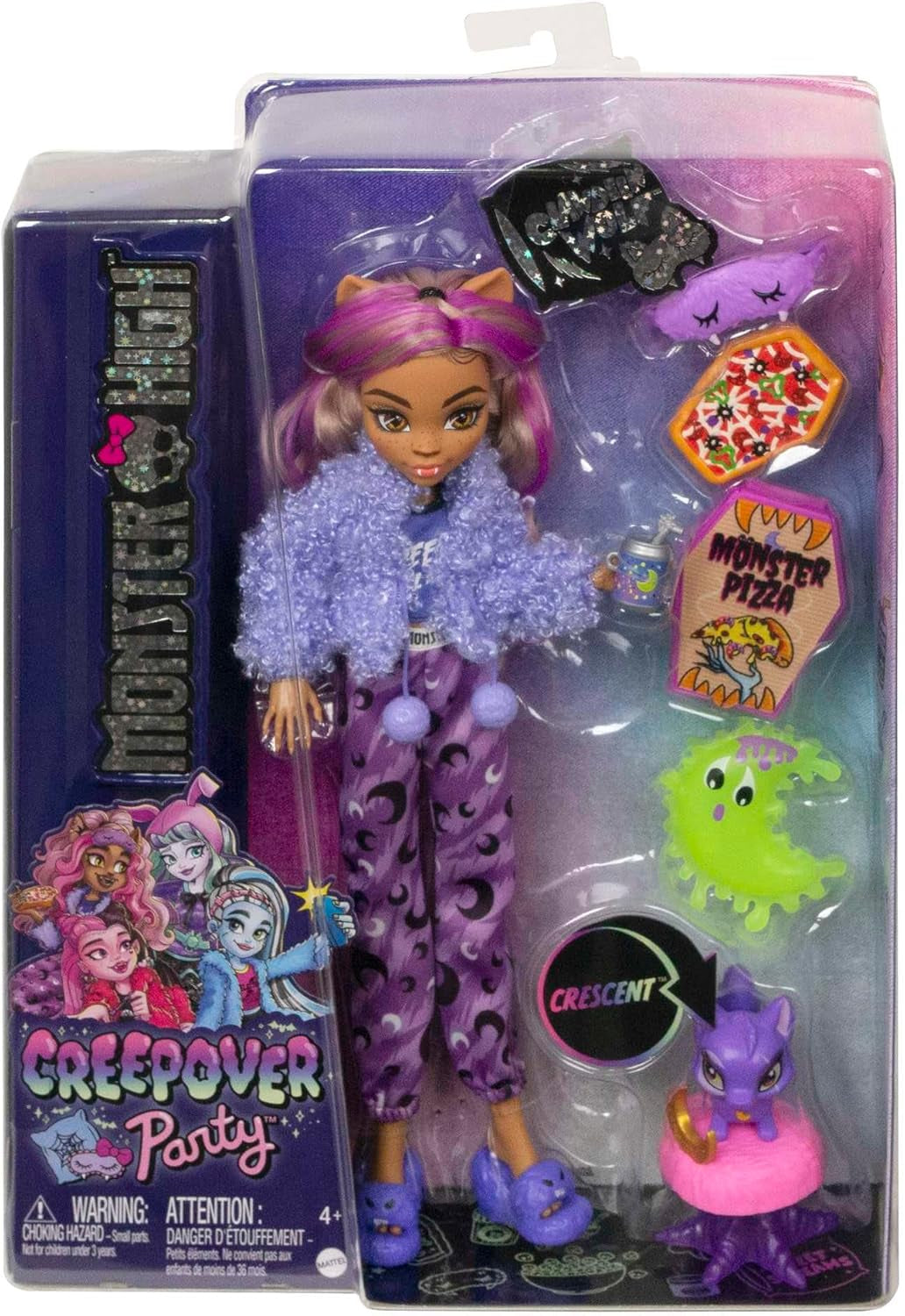 MONSTER HIGH lalki i akcesoria do spania, lalka Clawdeen Wolf z kotem, półksiężyc, impreza Creepover, HKY67