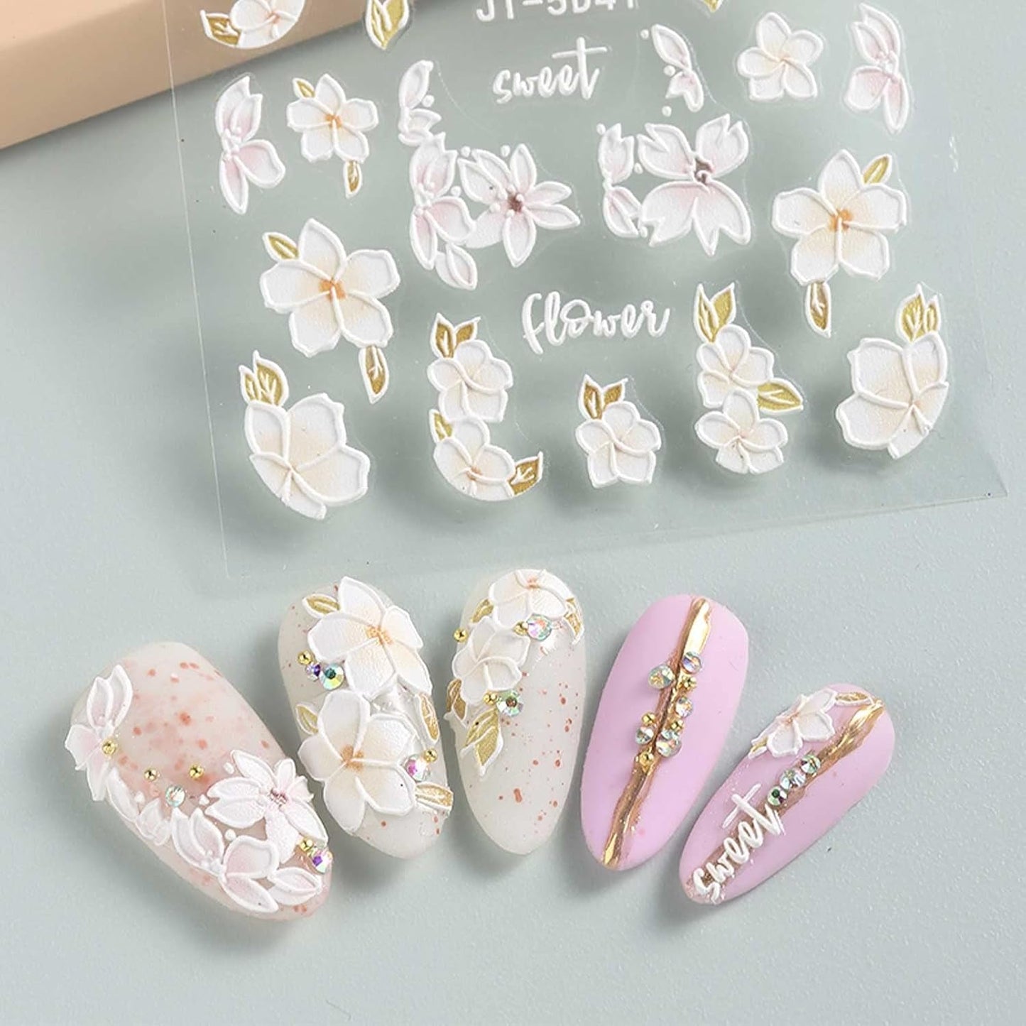 JMEOWIO 3D Nagelsticker Frühling Blume Nail Art Naklejka Selbstklebend Nagelaufkleber 5D Stereoskopisch Buntes Sommer Blumen Dekoration Nageldesign Zubehör 4 Blatt